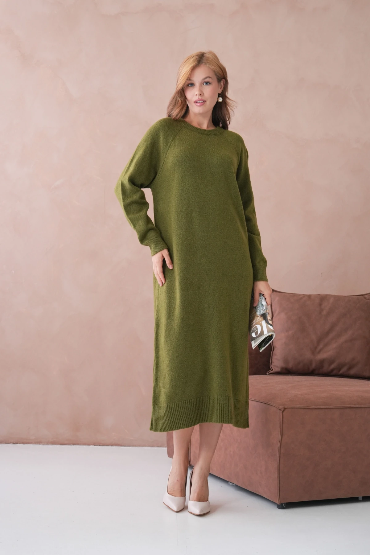 Kadın Bisiklet Yaka Yumuşak Dokulu Maksi Boy Şardonlu Oversize Triko Elbise 8324Sw