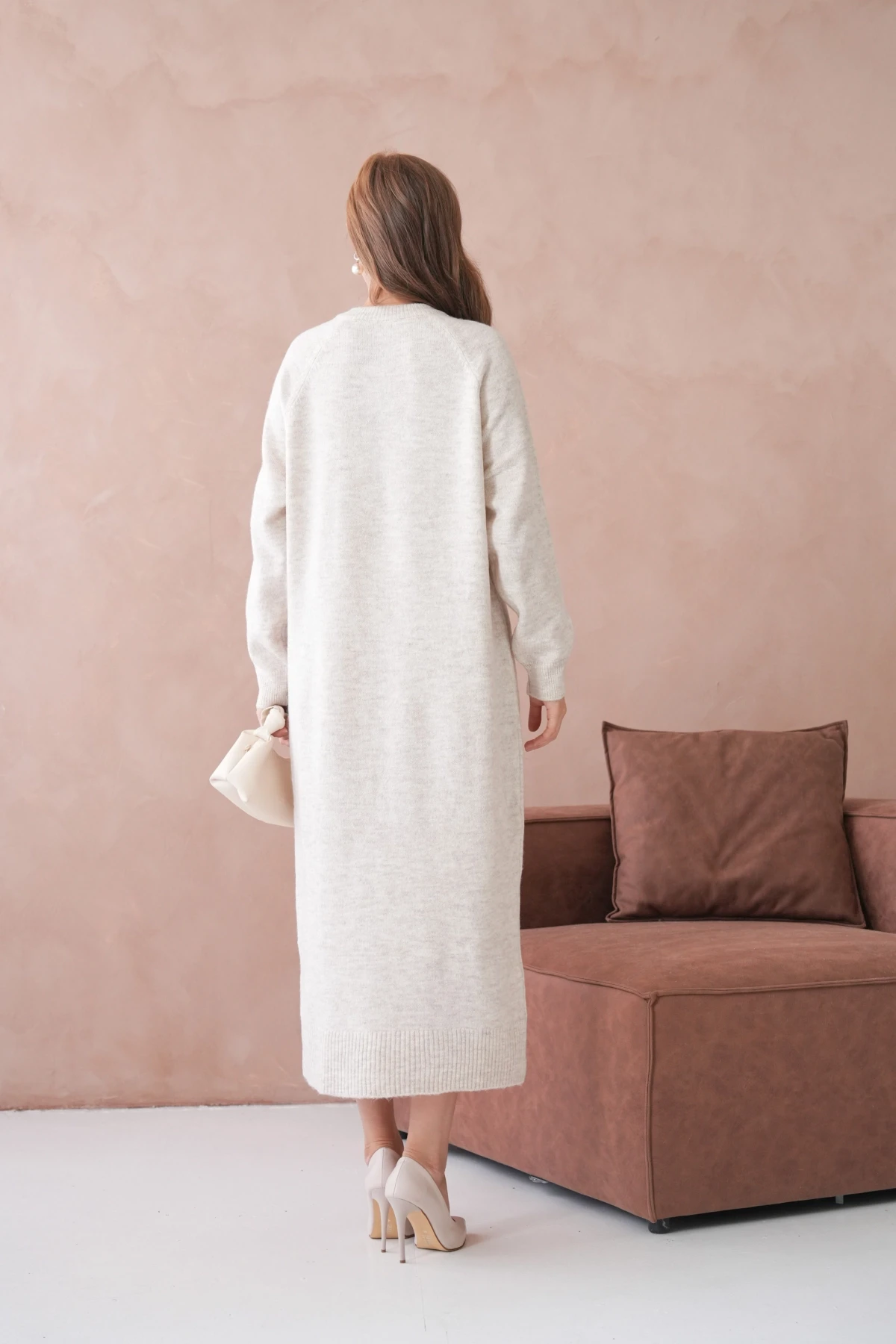 Kadın Bisiklet Yaka Yumuşak Dokulu Maksi Boy Şardonlu Oversize Triko Elbise 8324Sw