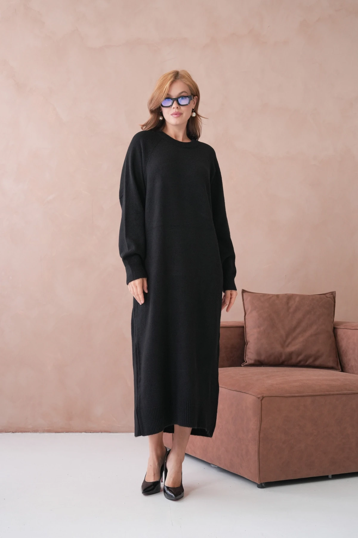 Kadın Bisiklet Yaka Yumuşak Dokulu Maksi Boy Şardonlu Oversize Triko Elbise 8324Sw