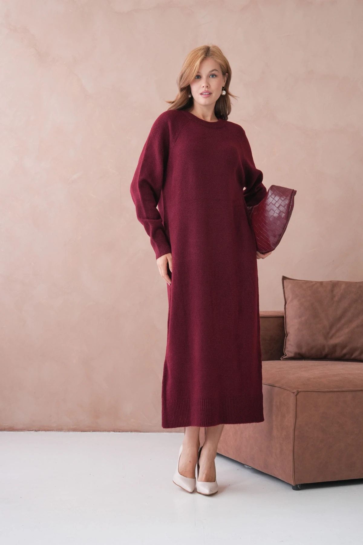 Kadın Bisiklet Yaka Yumuşak Dokulu Maksi Boy Şardonlu Oversize Triko Elbise 8324Sw