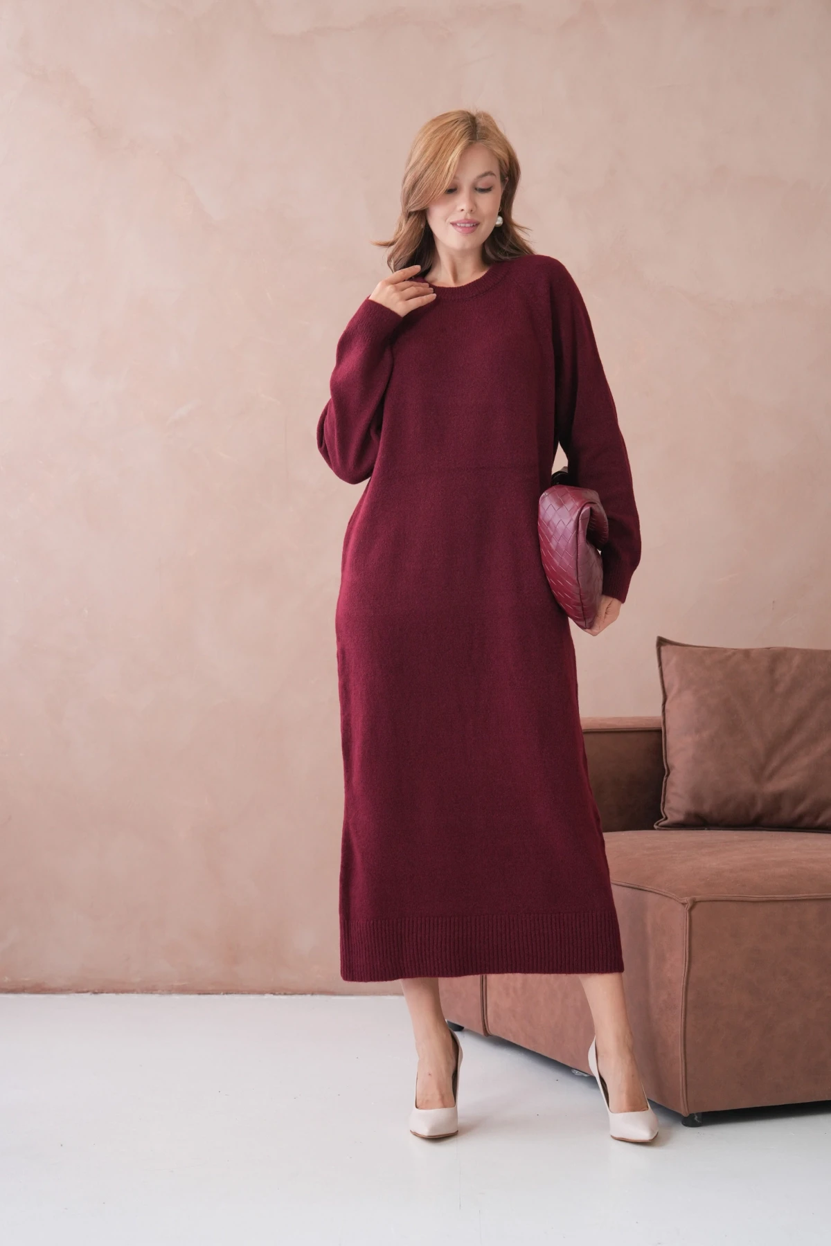 Kadın Bisiklet Yaka Yumuşak Dokulu Maksi Boy Şardonlu Oversize Triko Elbise 8324Sw