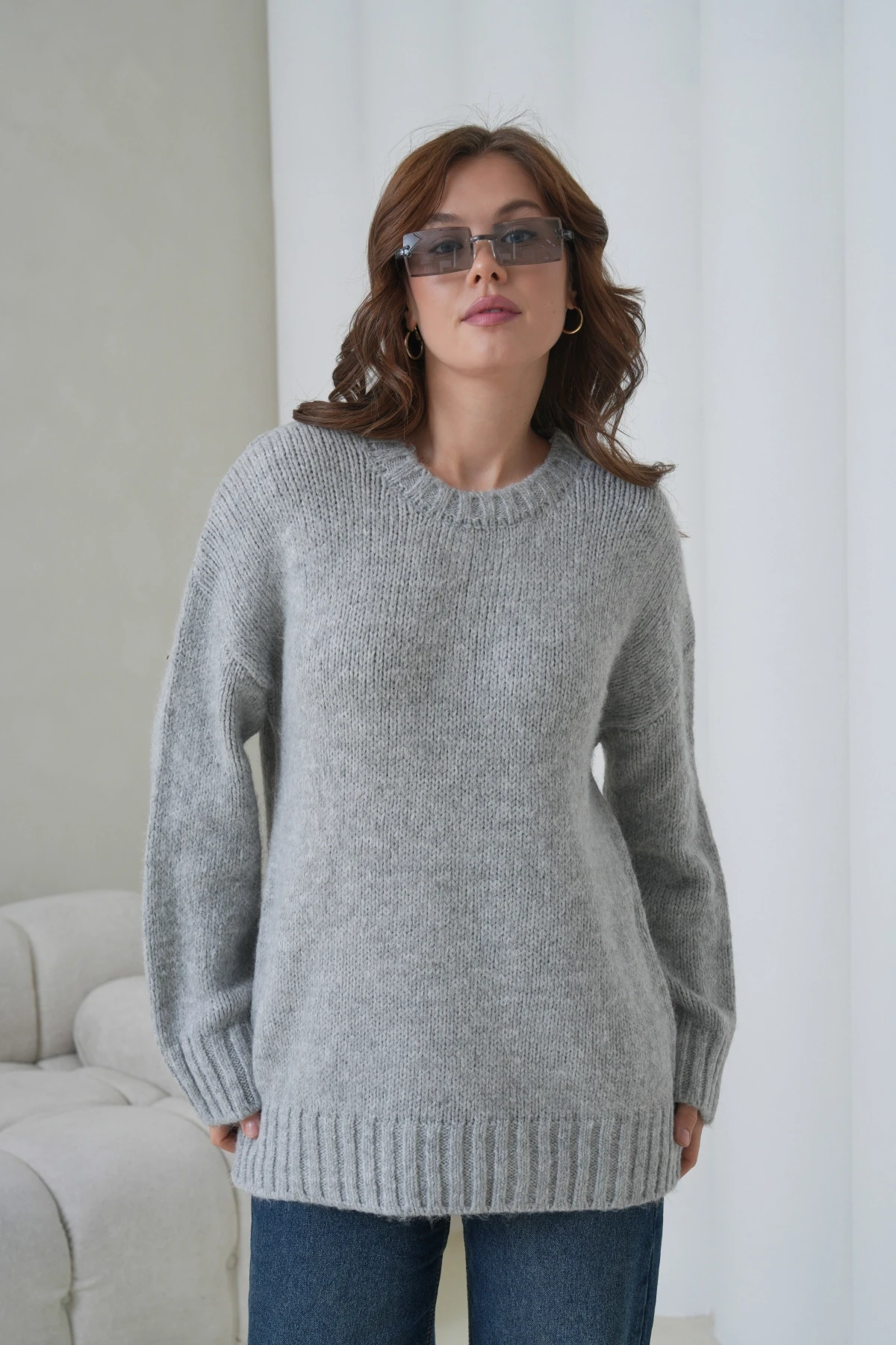 Kadın Bisiklet Yaka Yumuşak Dokulu Oversize Triko Kazak 3032