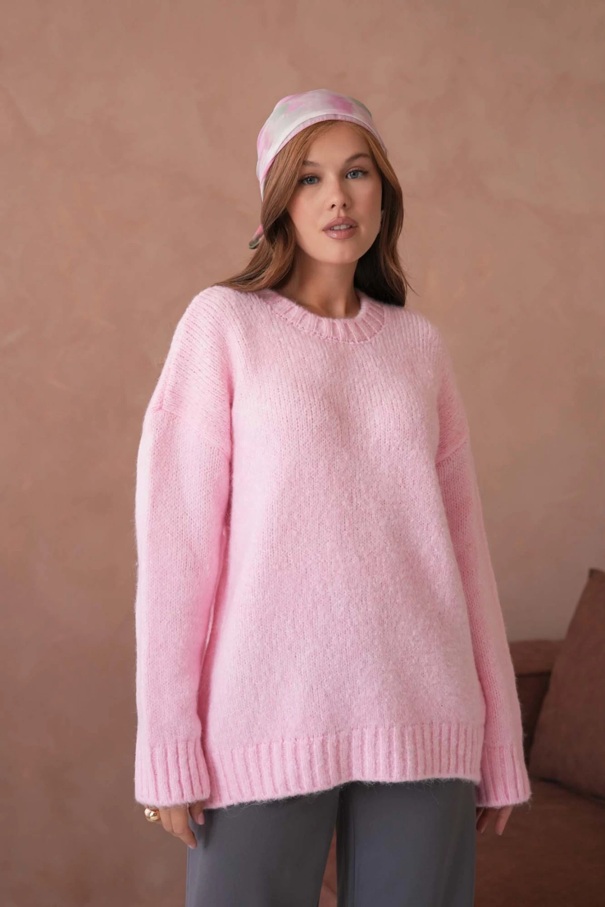 Kadın Bisiklet Yaka Yumuşak Dokulu Oversize Triko Kazak 3032