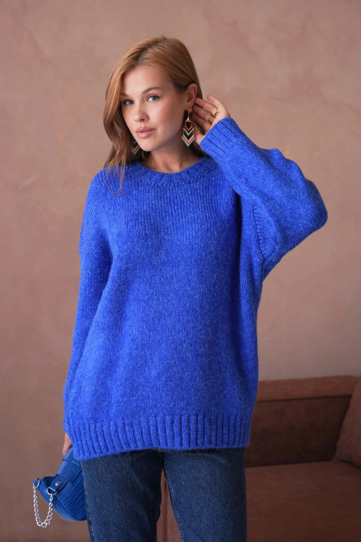 Kadın Bisiklet Yaka Yumuşak Dokulu Oversize Triko Kazak 3032