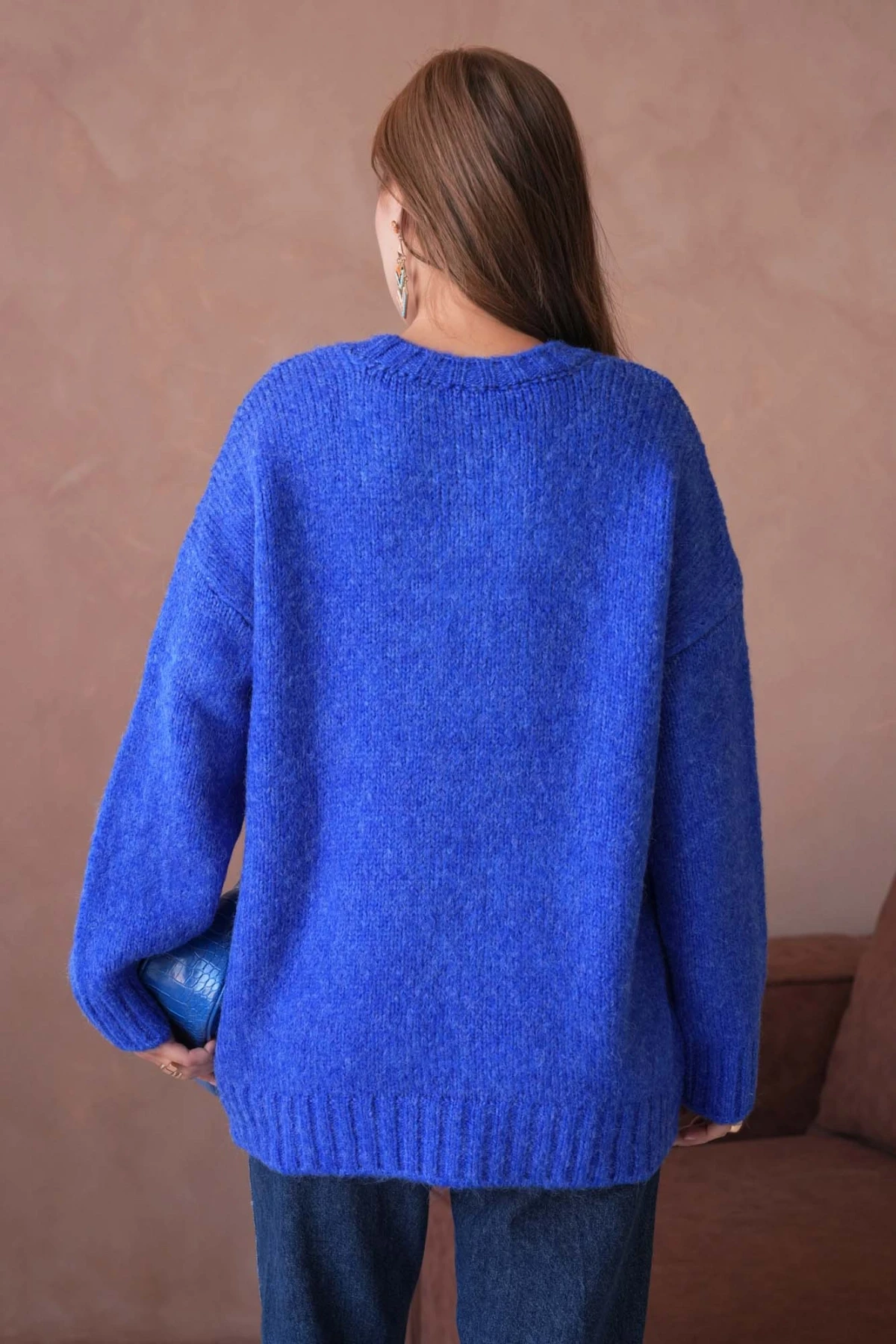 Kadın Bisiklet Yaka Yumuşak Dokulu Oversize Triko Kazak 3032