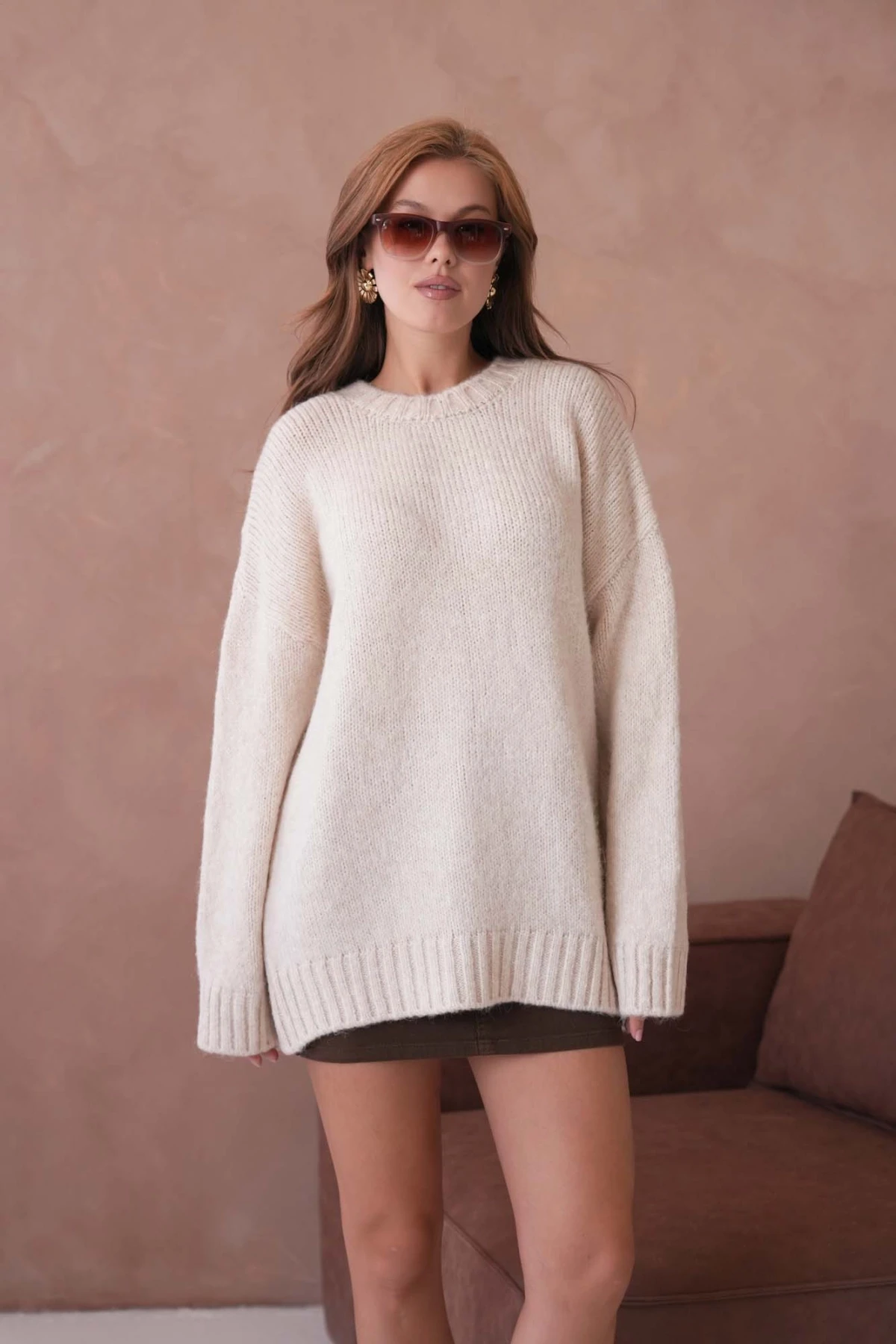 Kadın Bisiklet Yaka Yumuşak Dokulu Oversize Triko Kazak 3032