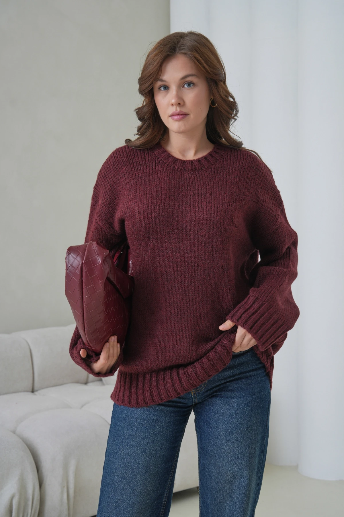 Kadın Bisiklet Yaka Yumuşak Dokulu Oversize Triko Kazak 3032