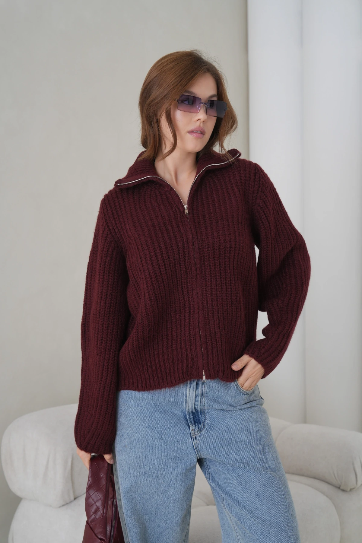 Kadın Devrik Yaka Fermuar Kapama Fitilli Triko Ceket