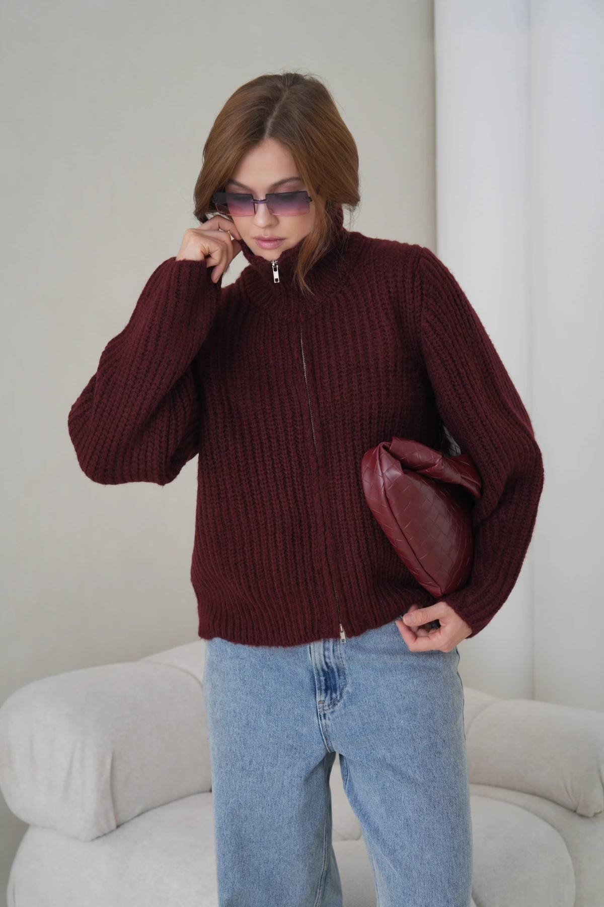 Kadın Devrik Yaka Fermuar Kapama Fitilli Triko Ceket