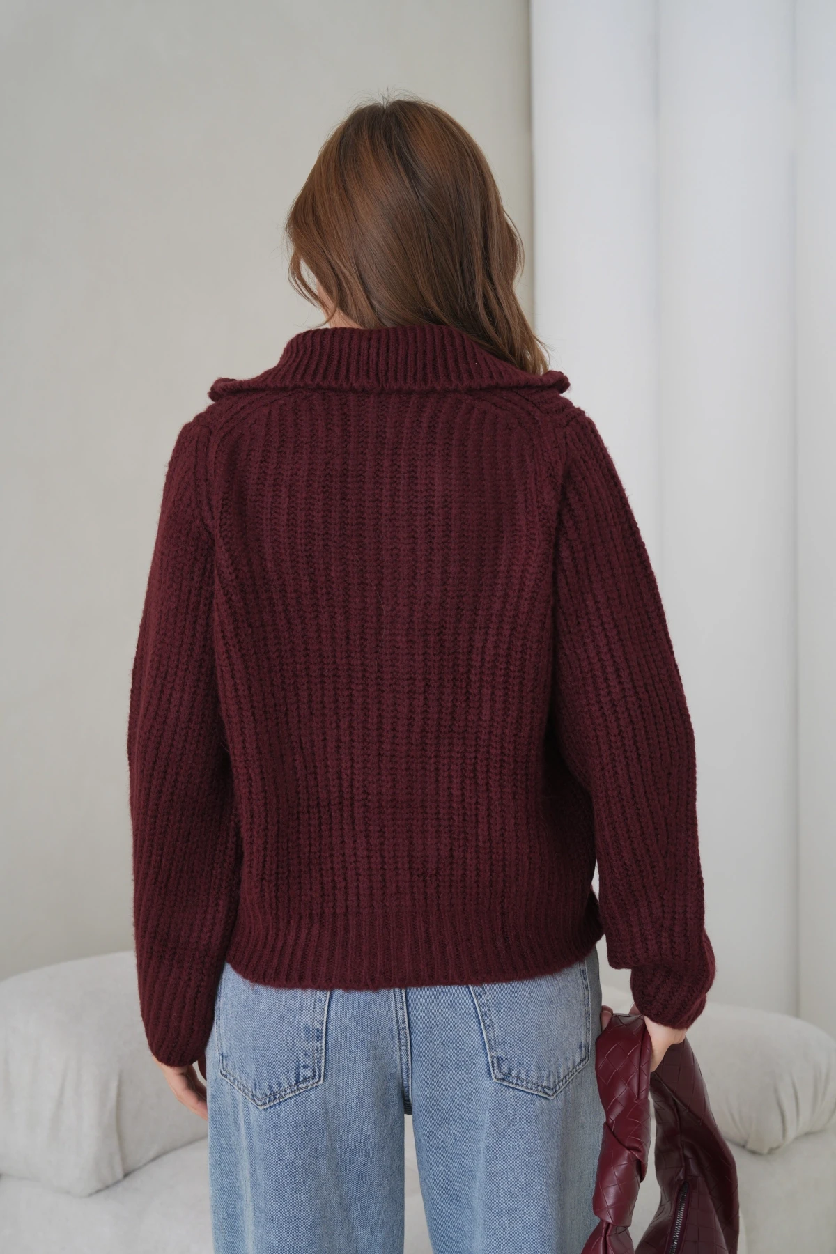 Kadın Devrik Yaka Fermuar Kapama Fitilli Triko Ceket