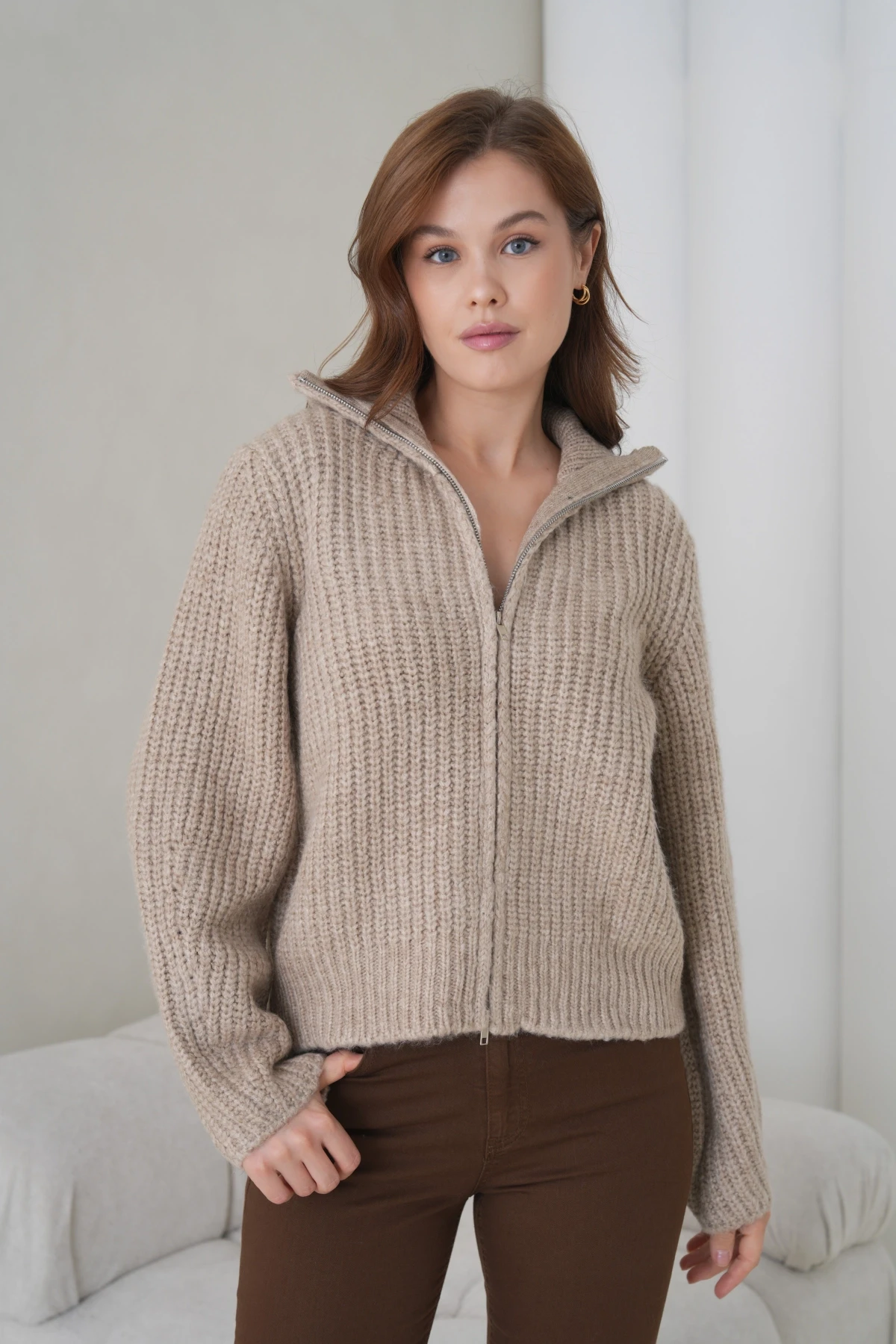 Kadın Devrik Yaka Fermuar Kapama Fitilli Triko Ceket