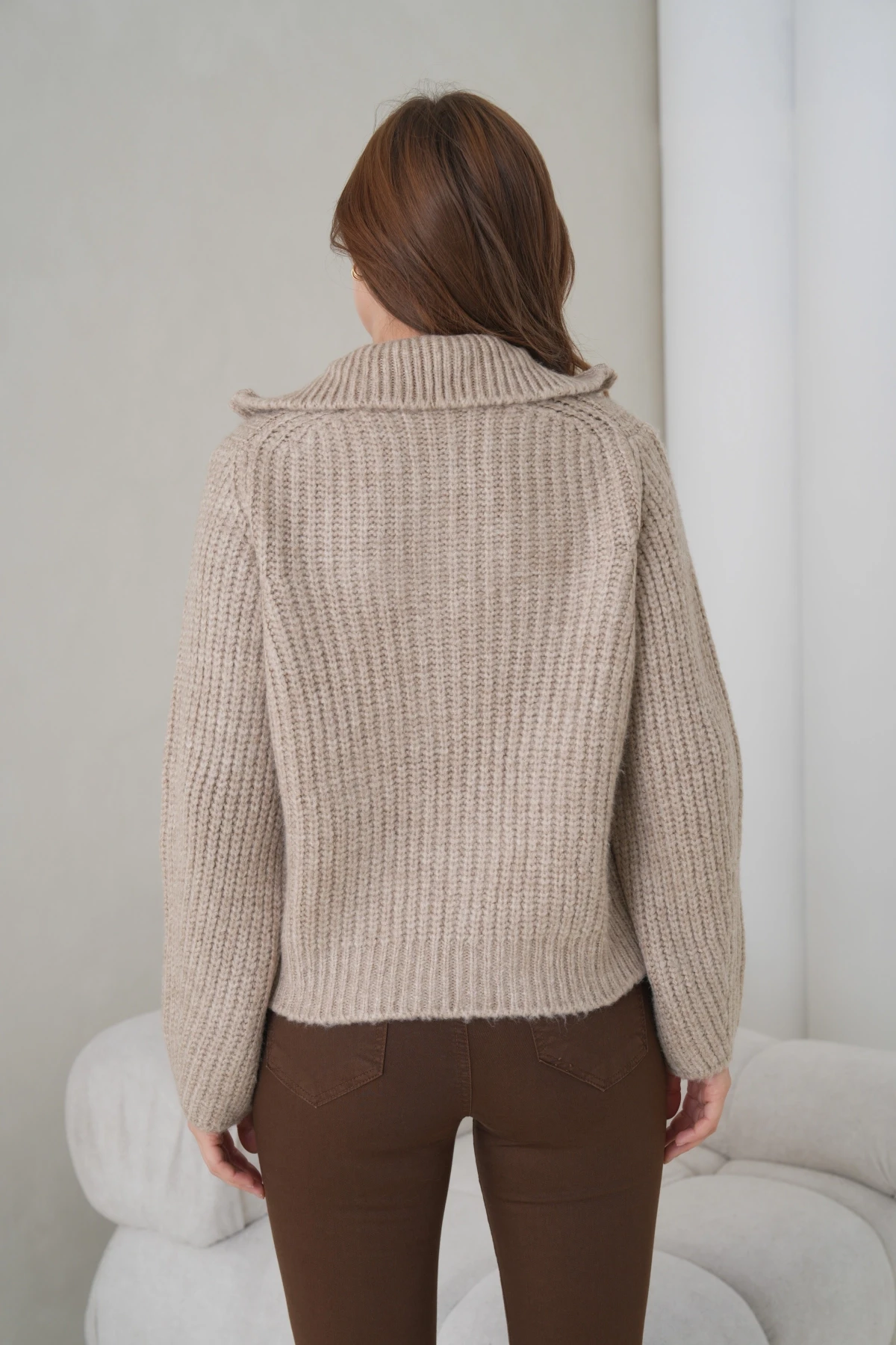 Kadın Devrik Yaka Fermuar Kapama Fitilli Triko Ceket