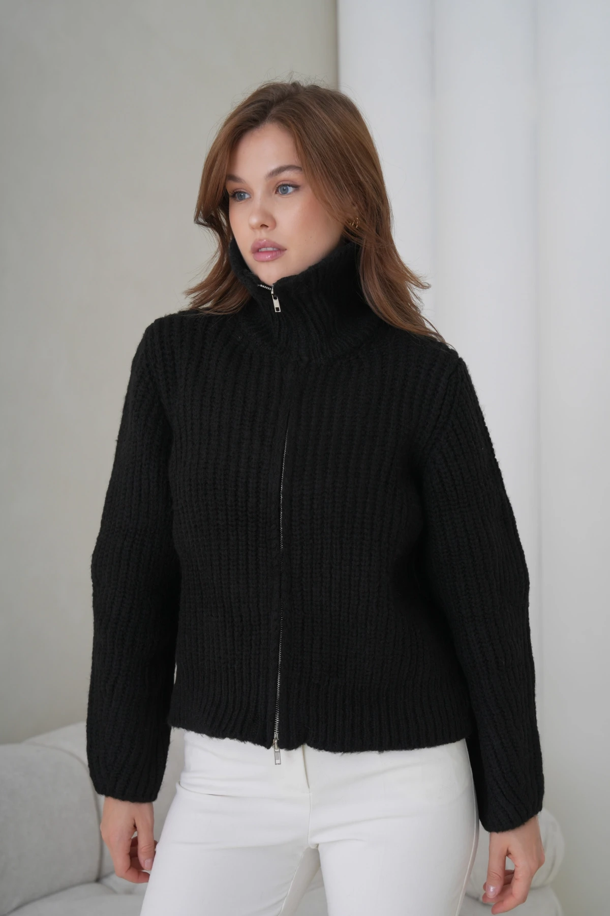 Kadın Devrik Yaka Fermuar Kapama Fitilli Triko Ceket