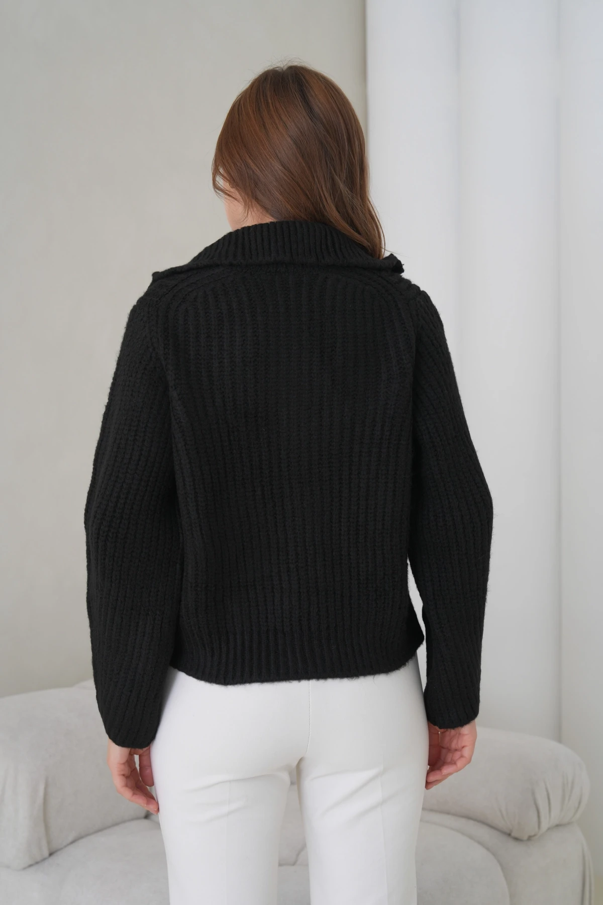 Kadın Devrik Yaka Fermuar Kapama Fitilli Triko Ceket