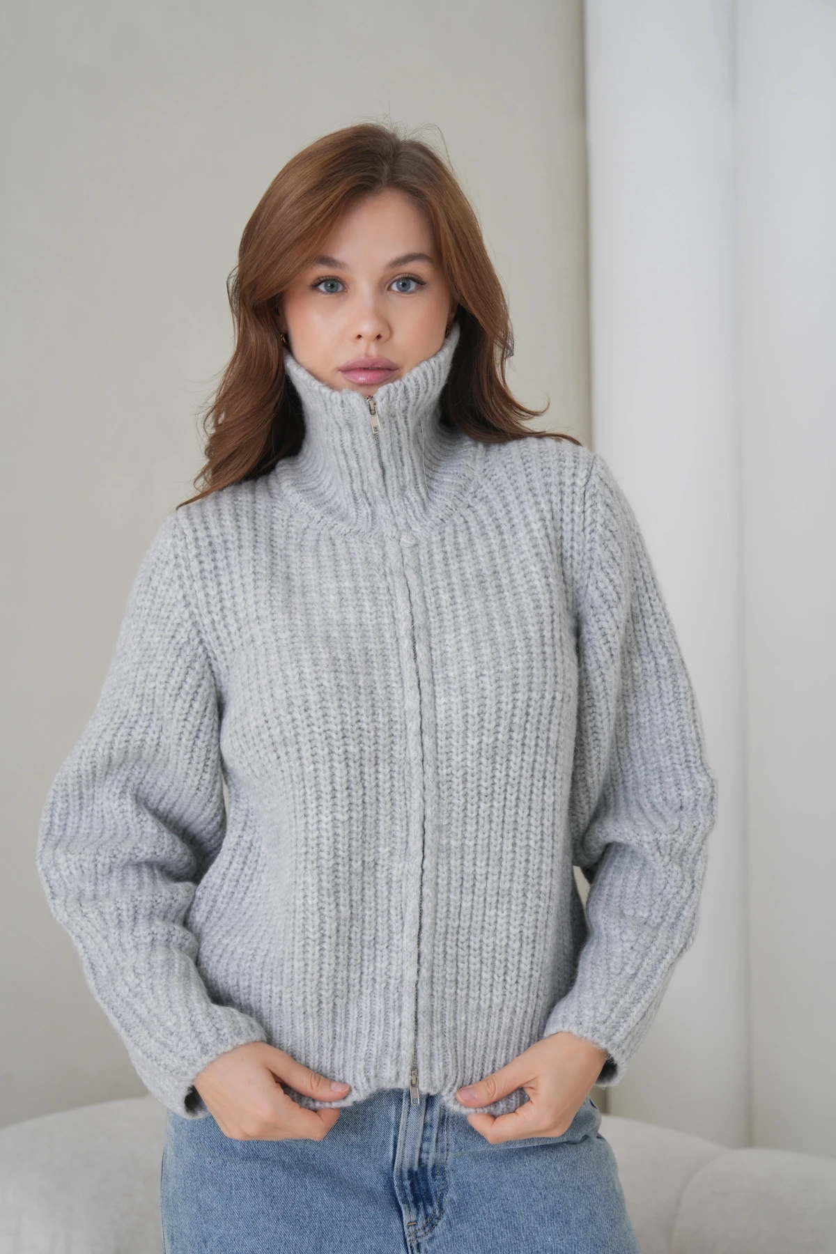 Kadın Devrik Yaka Fermuar Kapama Fitilli Triko Ceket