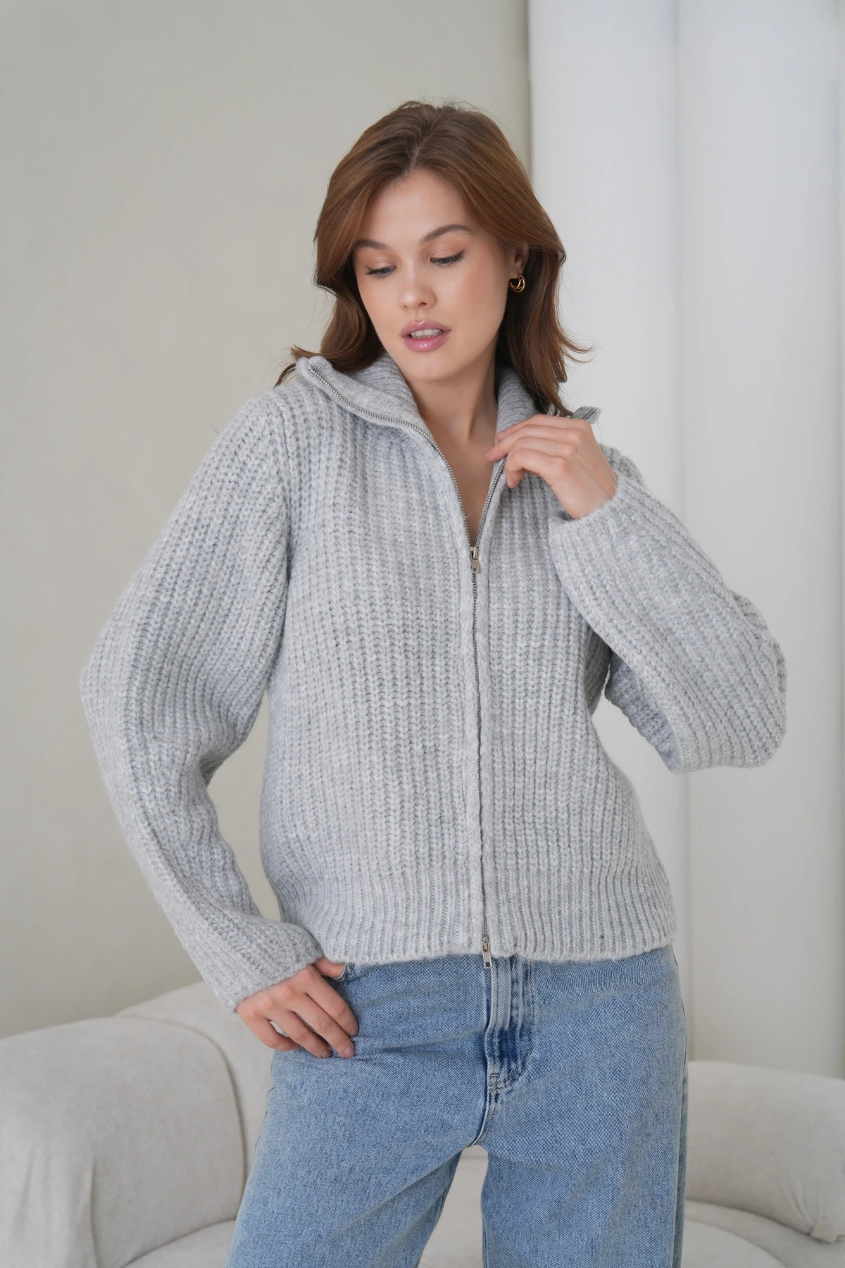 Kadın Devrik Yaka Fermuar Kapama Fitilli Triko Ceket