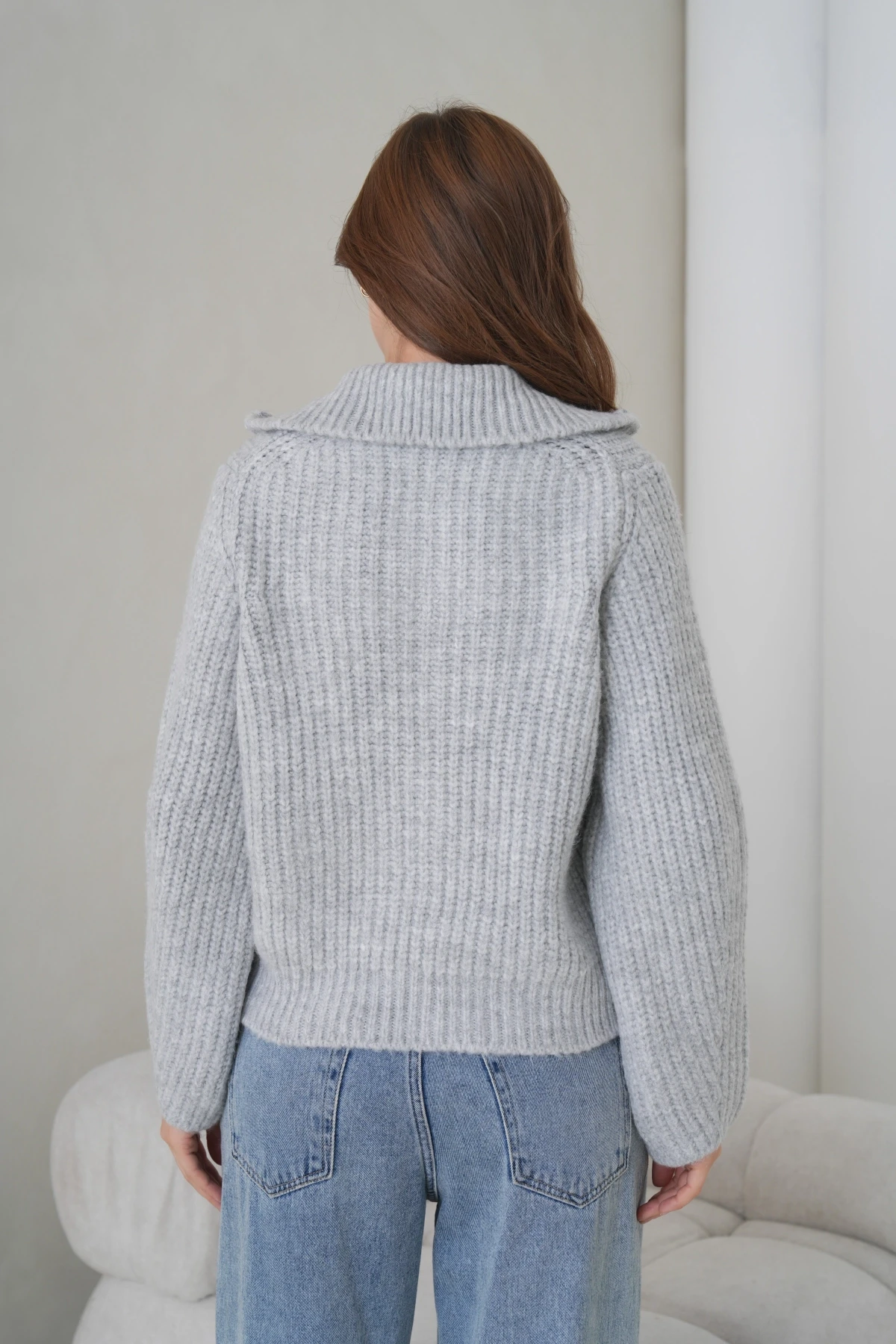 Kadın Devrik Yaka Fermuar Kapama Fitilli Triko Ceket