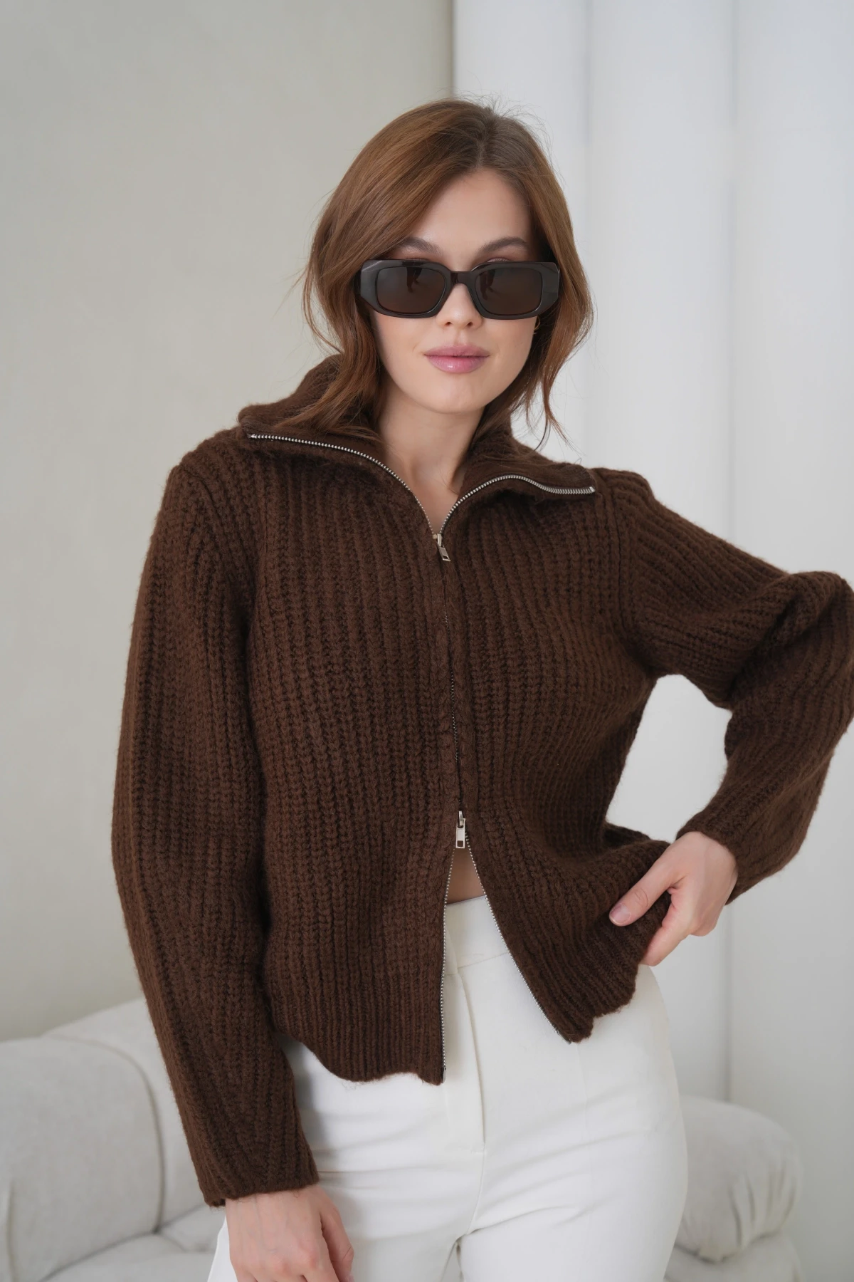 Kadın Devrik Yaka Fermuar Kapama Fitilli Triko Ceket