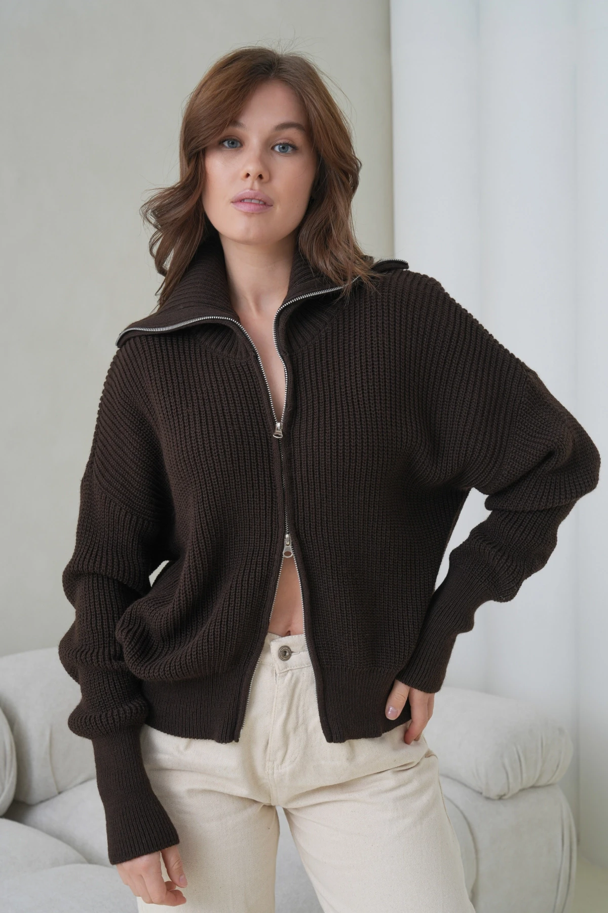 Kadın Devrik Yaka Ful Fermuar Kapama Oversize Triko Ceket