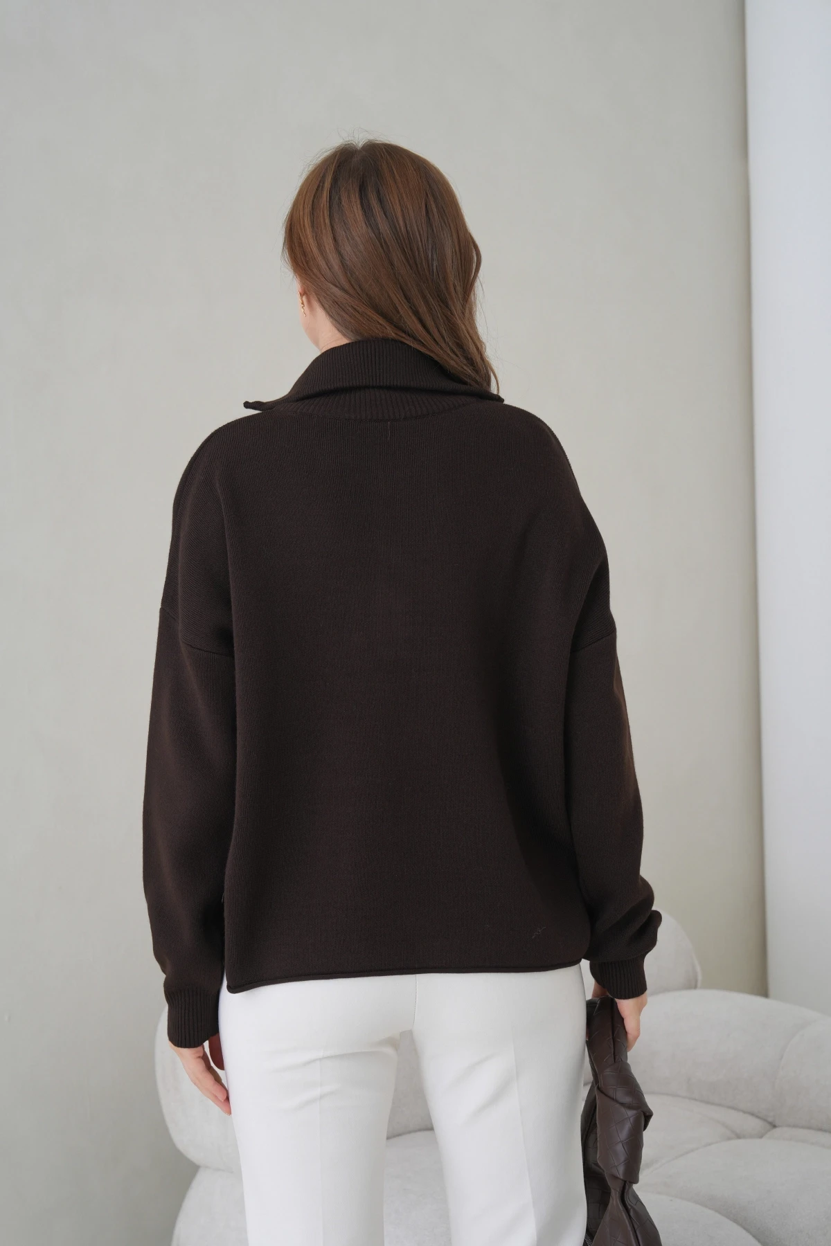 Kadın Devrik Yaka Yarım Pat Fermuar Oversize Triko Kazak 12374