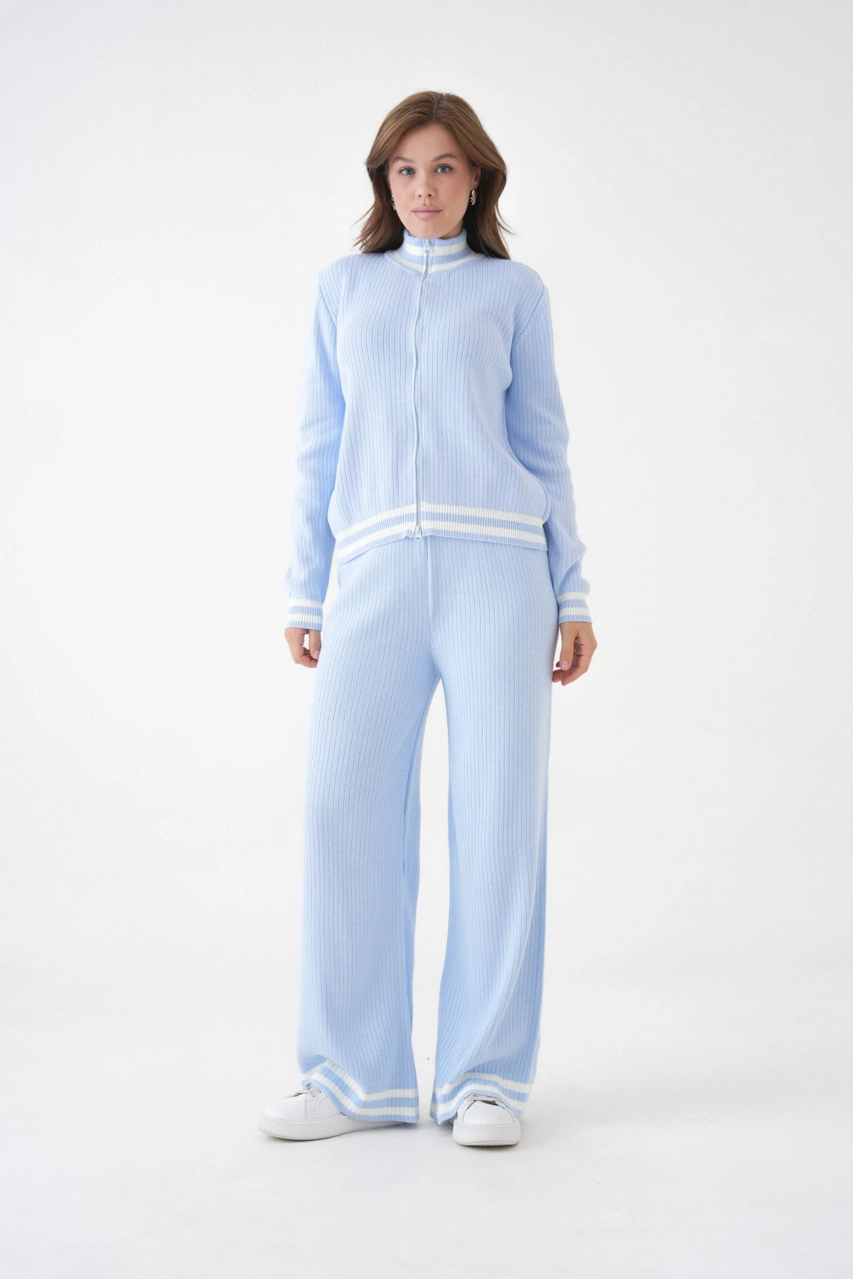 Kadın Dik Yaka Fermuar Kapama Çizgili Kaşkorse Ceket Pantolon İkili Triko Takım