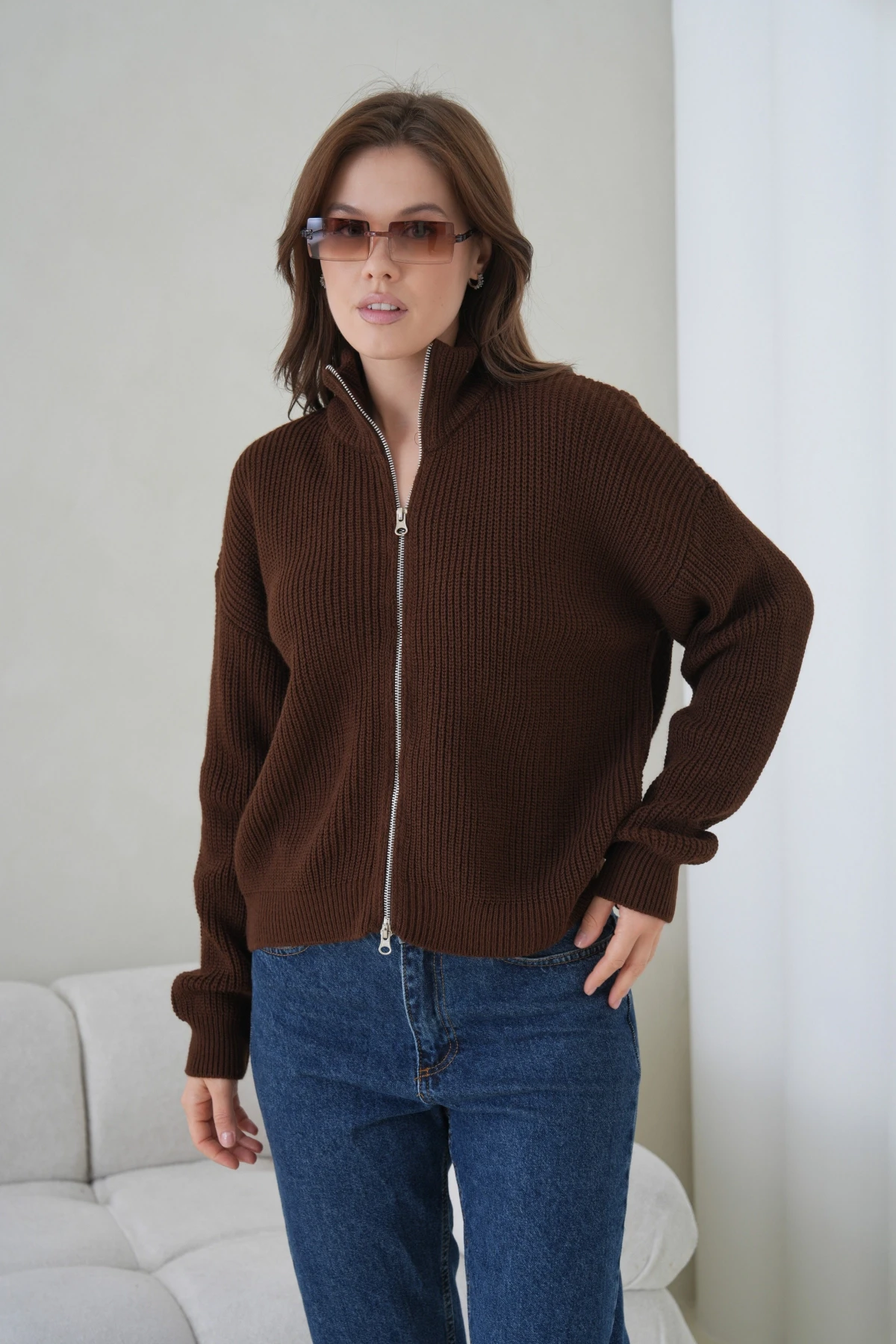 Kadın Dik Yaka Fermuar Kapama Oversize Triko Hırka 