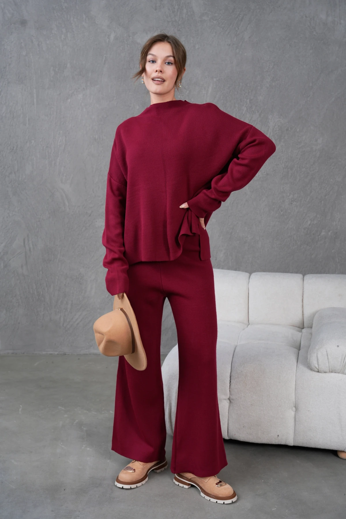 Kadın Dik Yaka Kazak Pantolon İkili Triko Takım