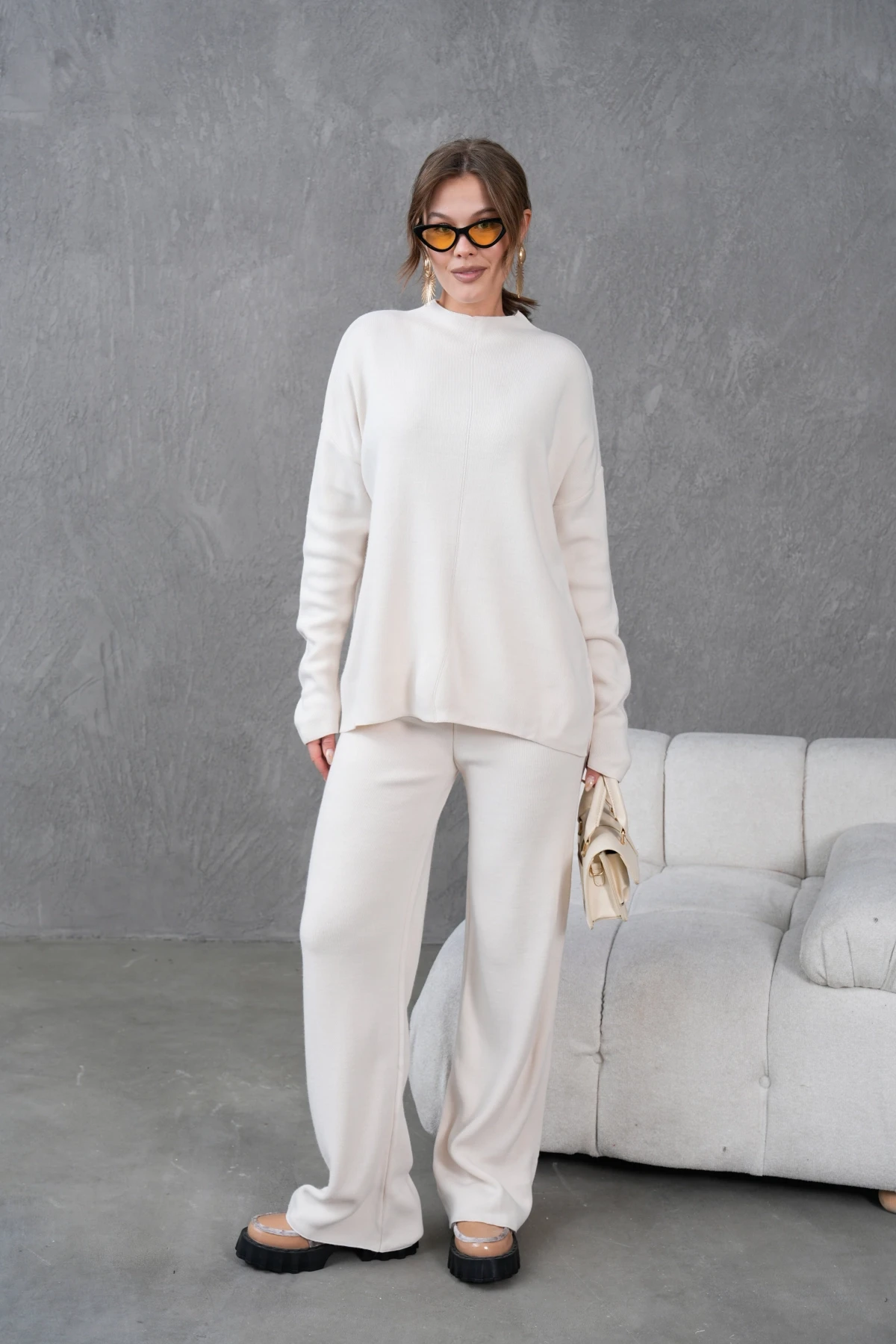 Kadın Dik Yaka Kazak Pantolon İkili Triko Takım