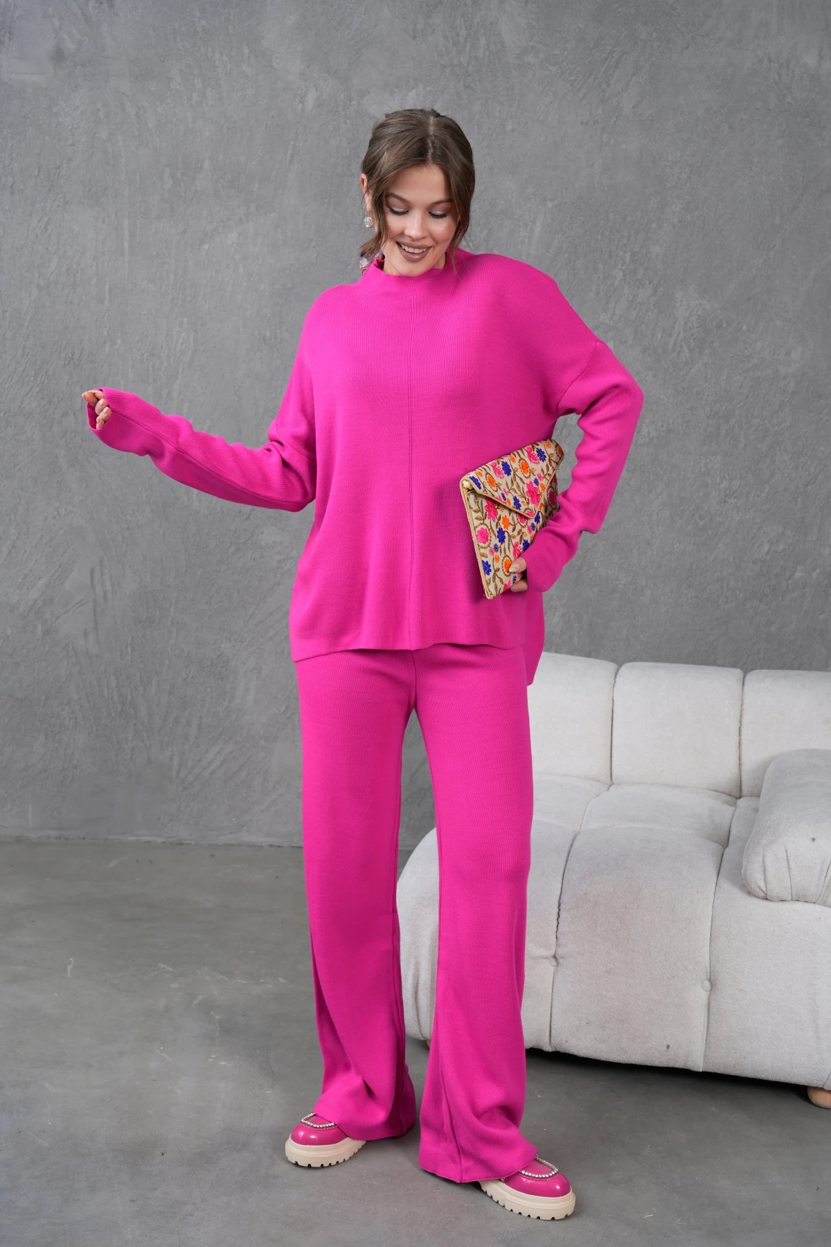 Kadın Dik Yaka Kazak Pantolon İkili Triko Takım