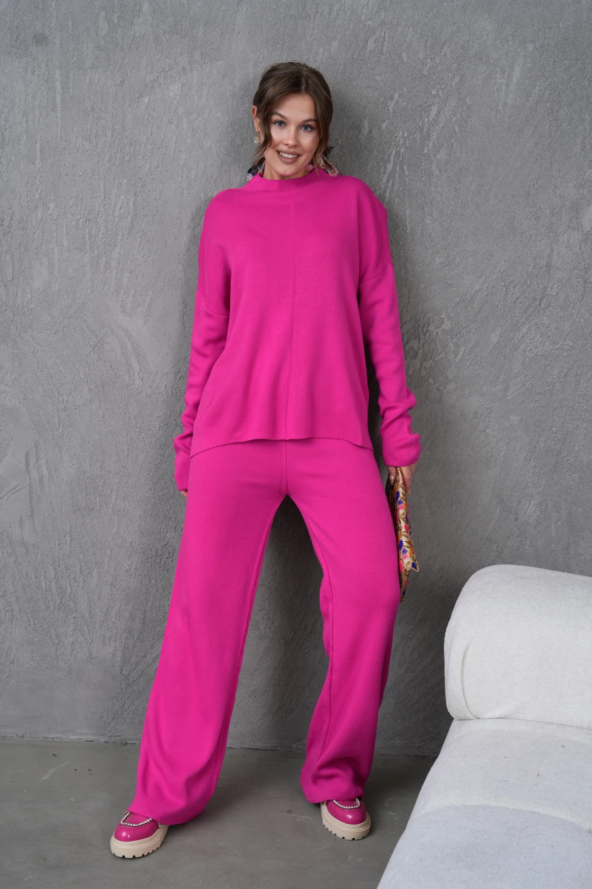 Kadın Dik Yaka Kazak Pantolon İkili Triko Takım
