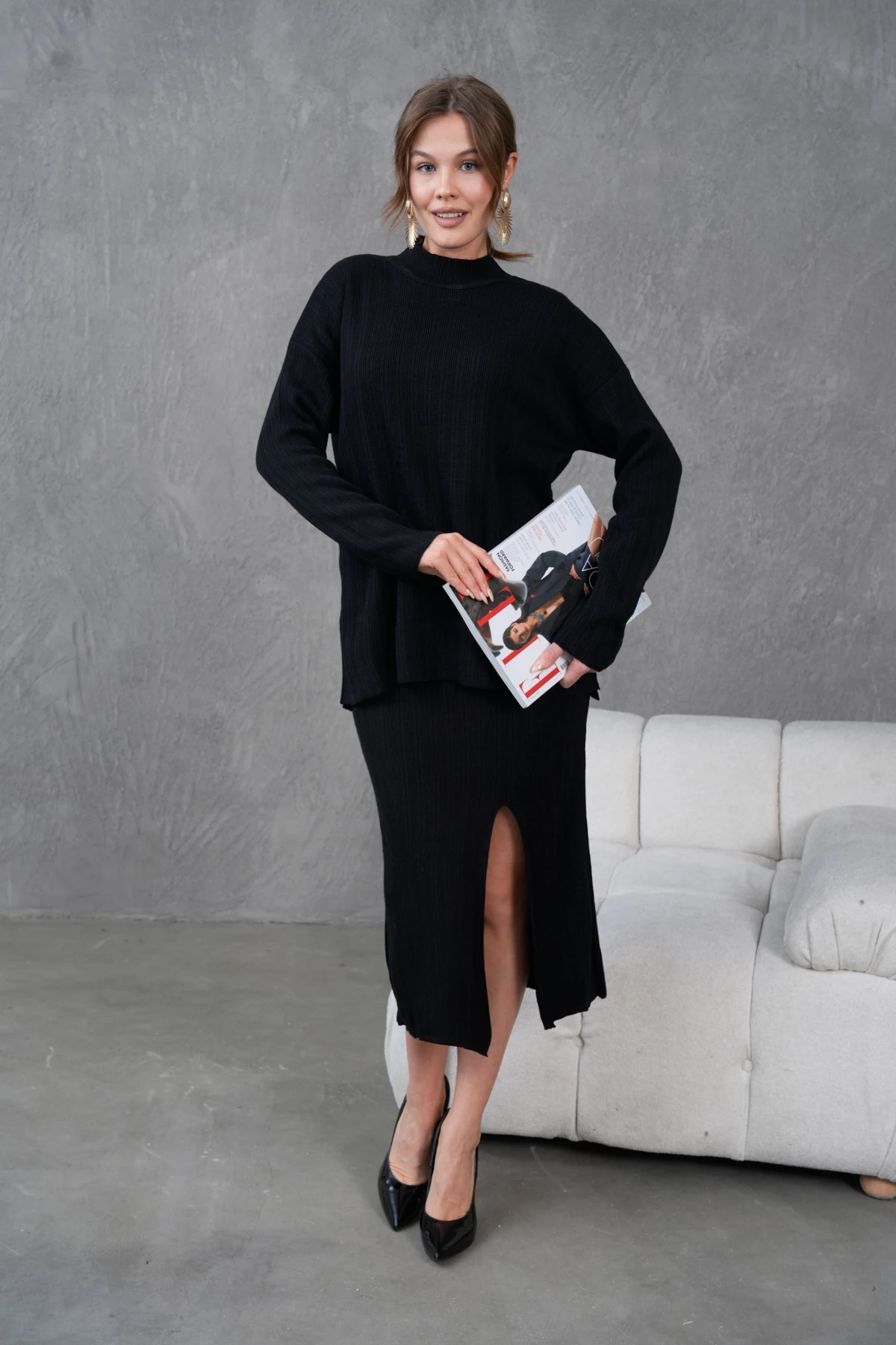 Kadın Dik Yaka Kazak Yırtmaçlı Uzun Etek İkili Triko Takım