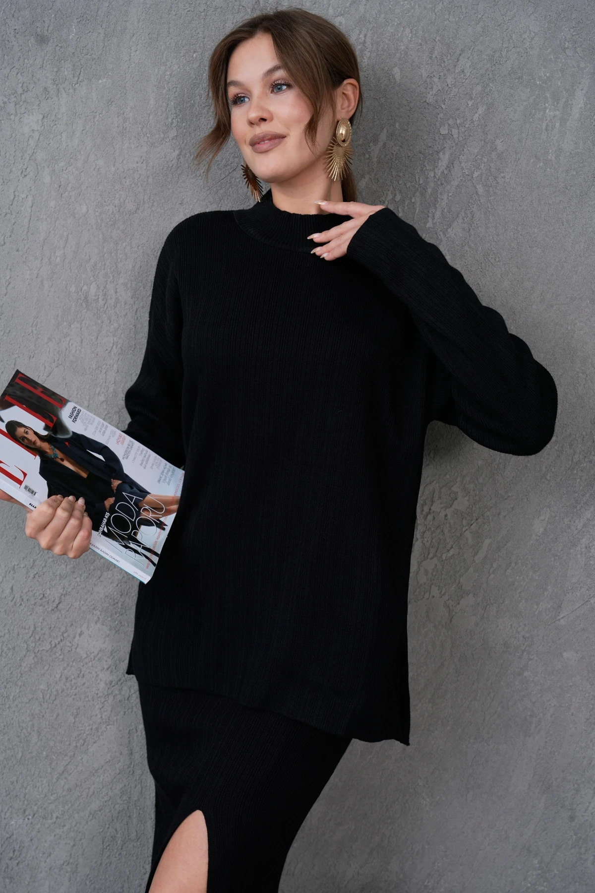 Kadın Dik Yaka Kazak Yırtmaçlı Uzun Etek İkili Triko Takım