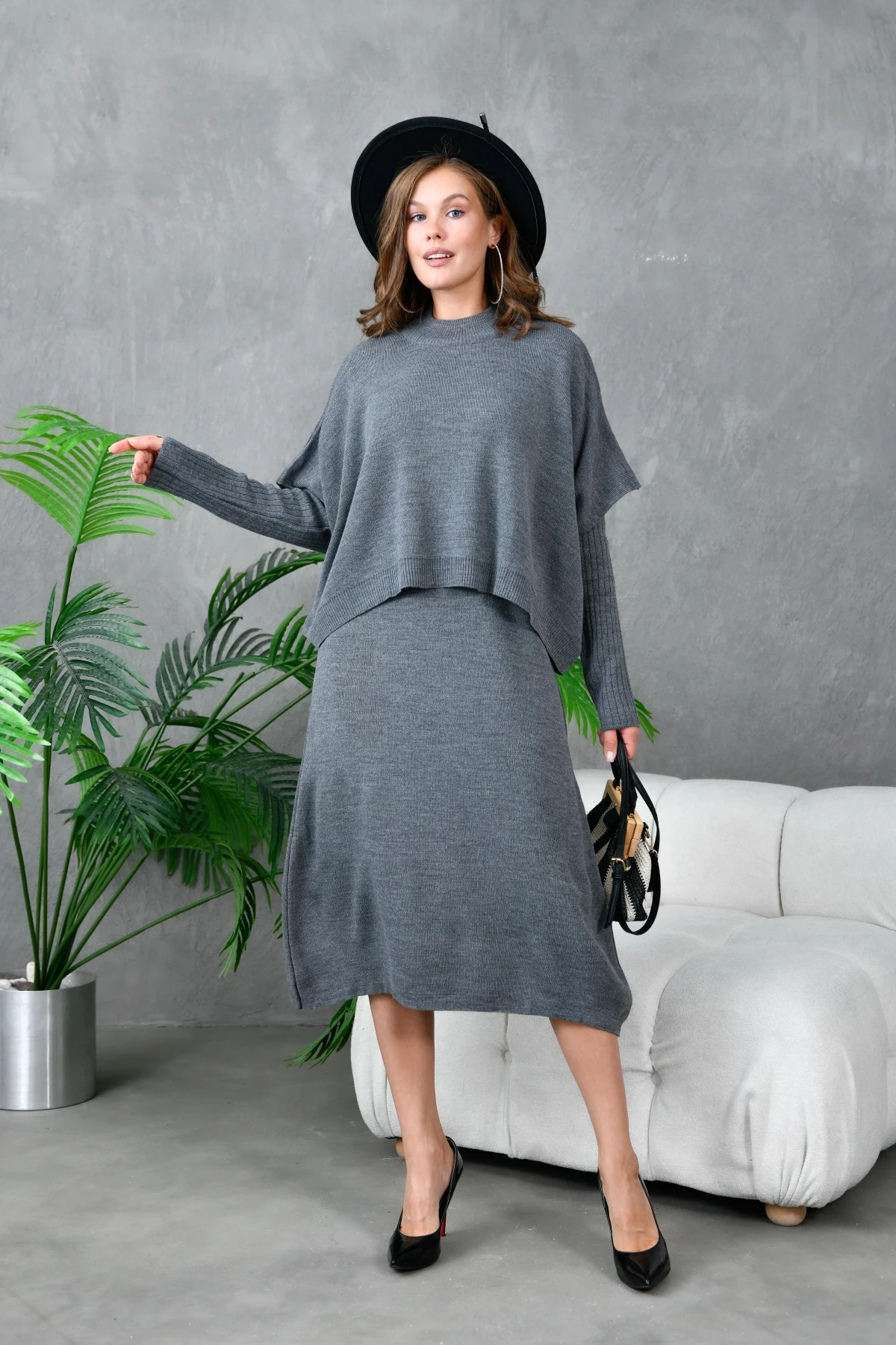 Kadın Dik Yaka Kısa Kol Kazak Uzun Elbise İkili Triko Takım