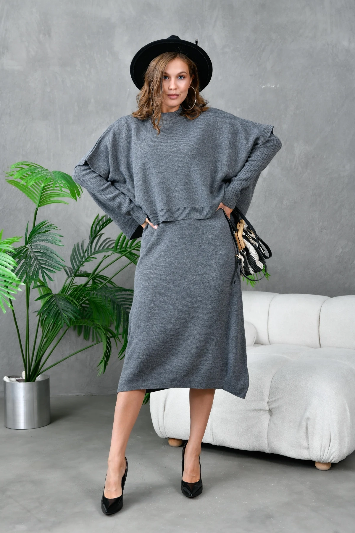 Kadın Dik Yaka Kısa Kol Kazak Uzun Elbise İkili Triko Takım