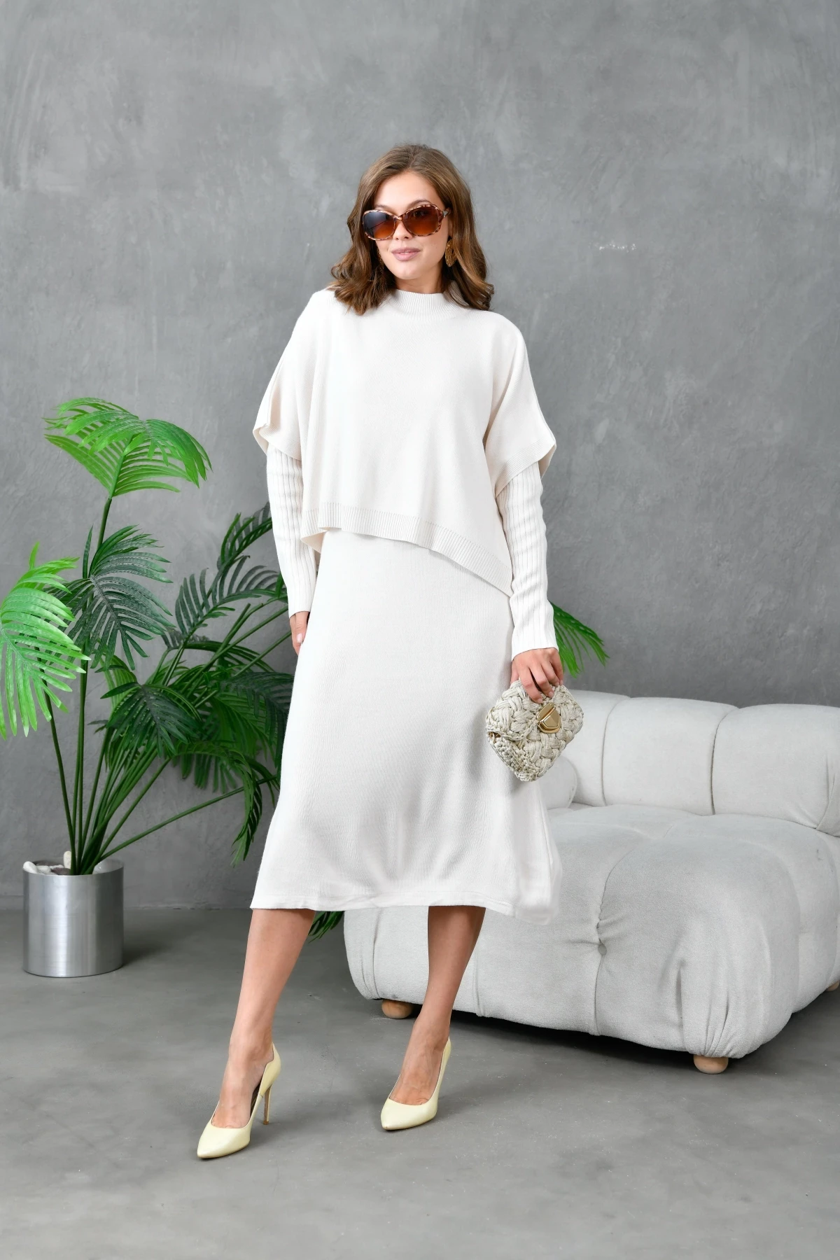 Kadın Dik Yaka Kısa Kol Kazak Uzun Elbise İkili Triko Takım