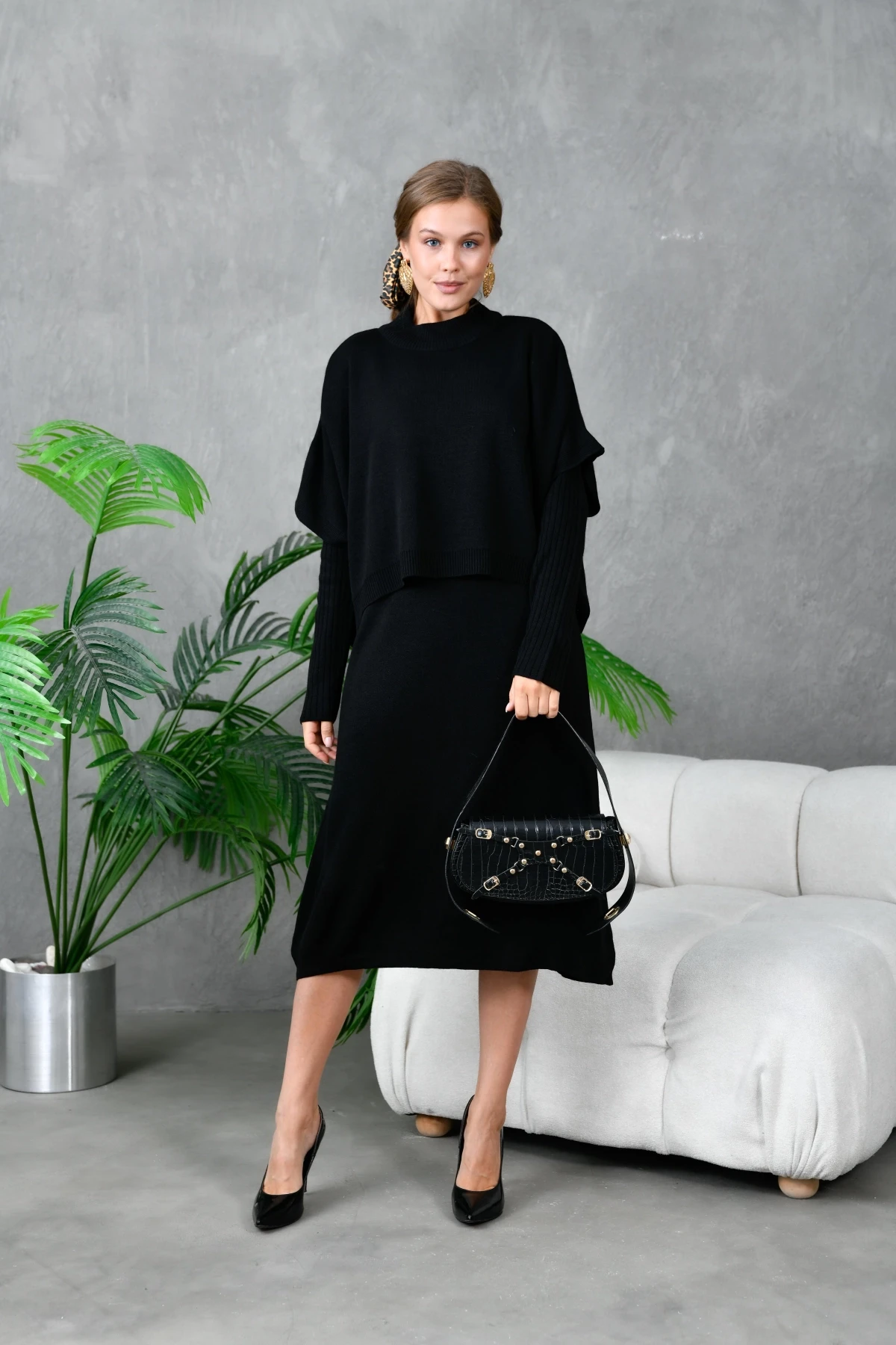 Kadın Dik Yaka Kısa Kol Kazak Uzun Elbise İkili Triko Takım