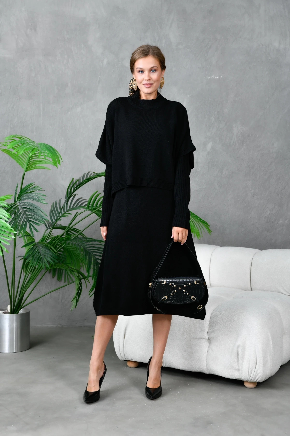 Kadın Dik Yaka Kısa Kol Kazak Uzun Elbise İkili Triko Takım