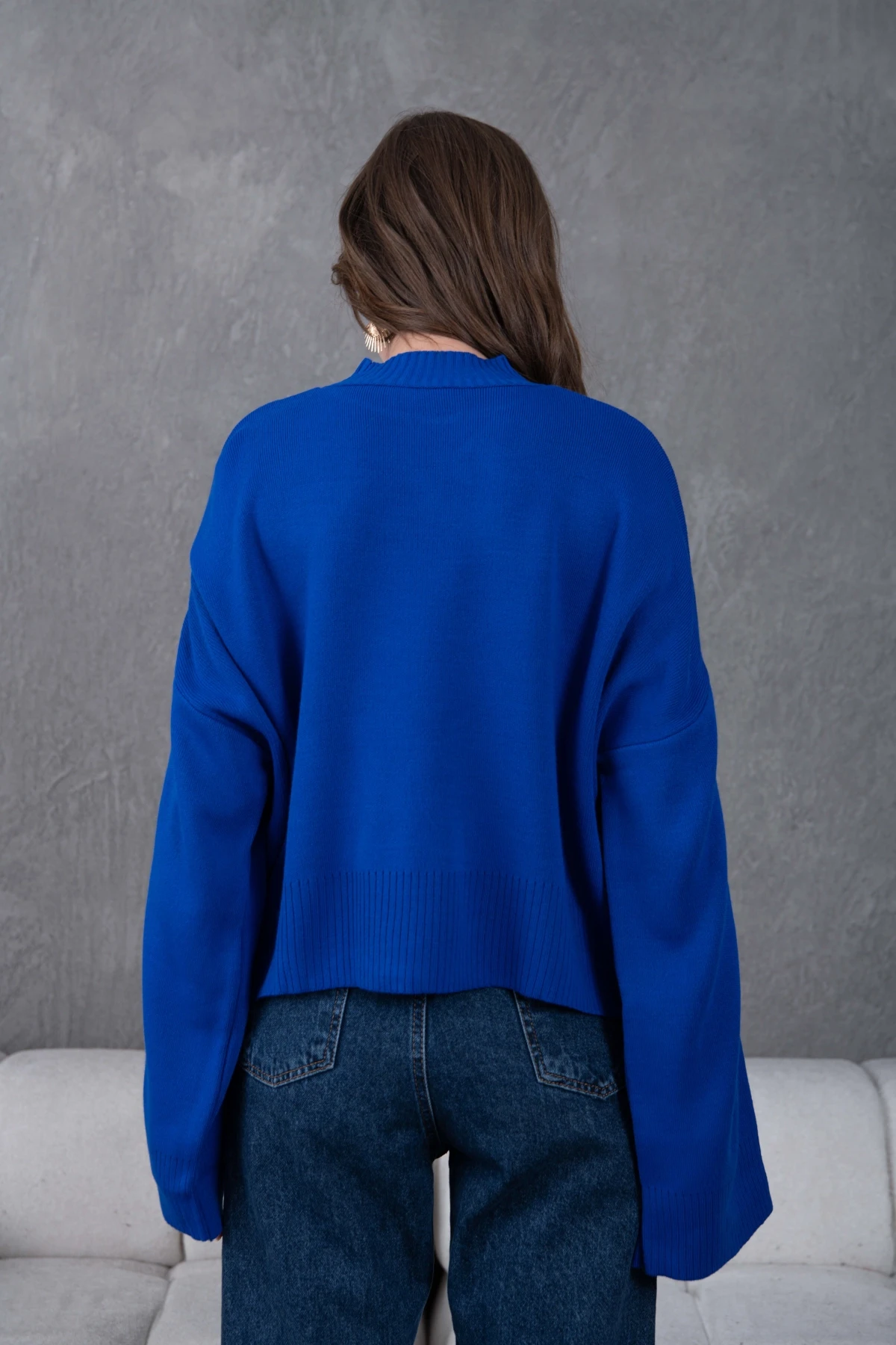 Kadın Dik Yaka Oversize Nakışlı Triko Kazak