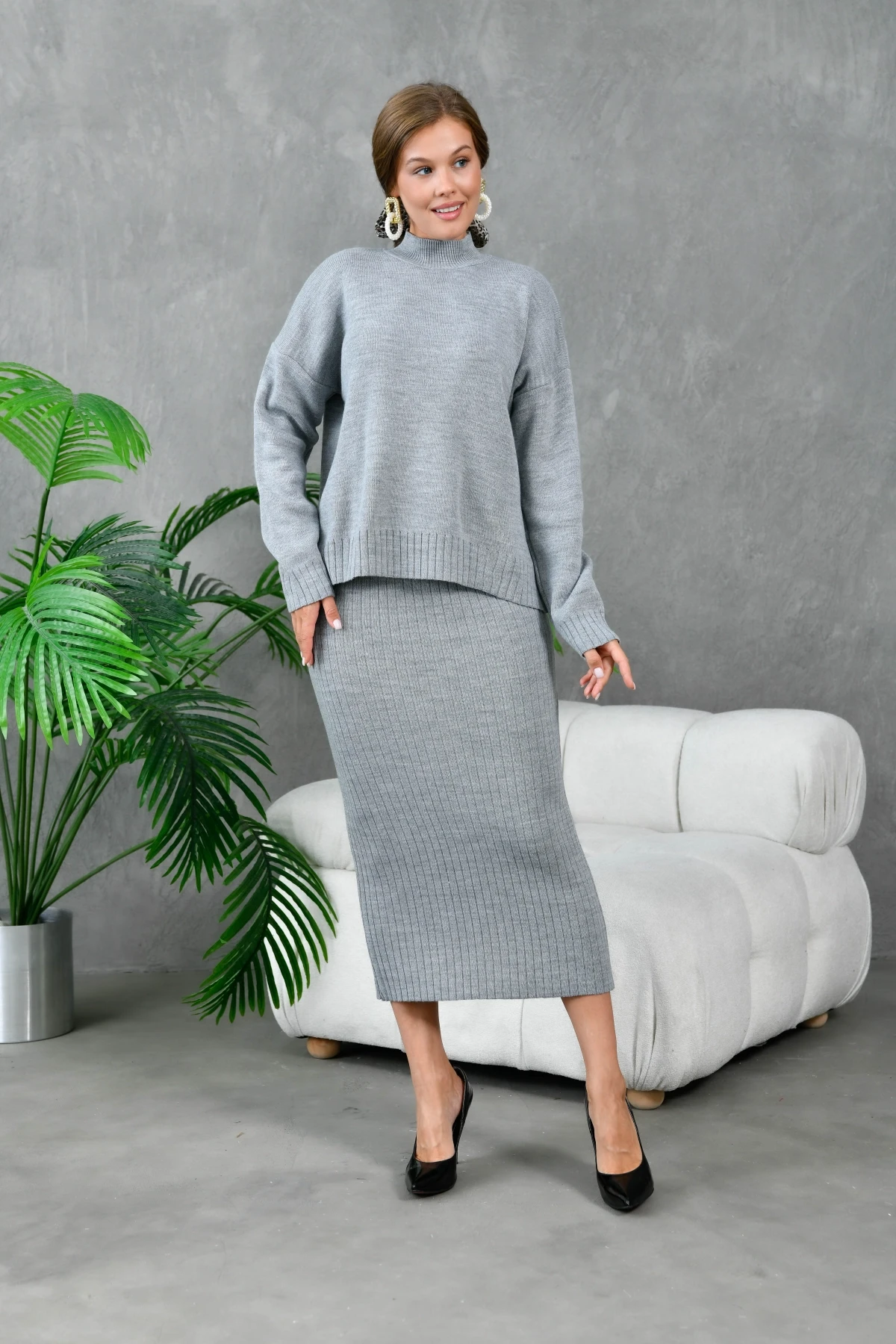 Kadın Dik Yaka Salaş Kazak Uzun Etekli İkili Triko Takım