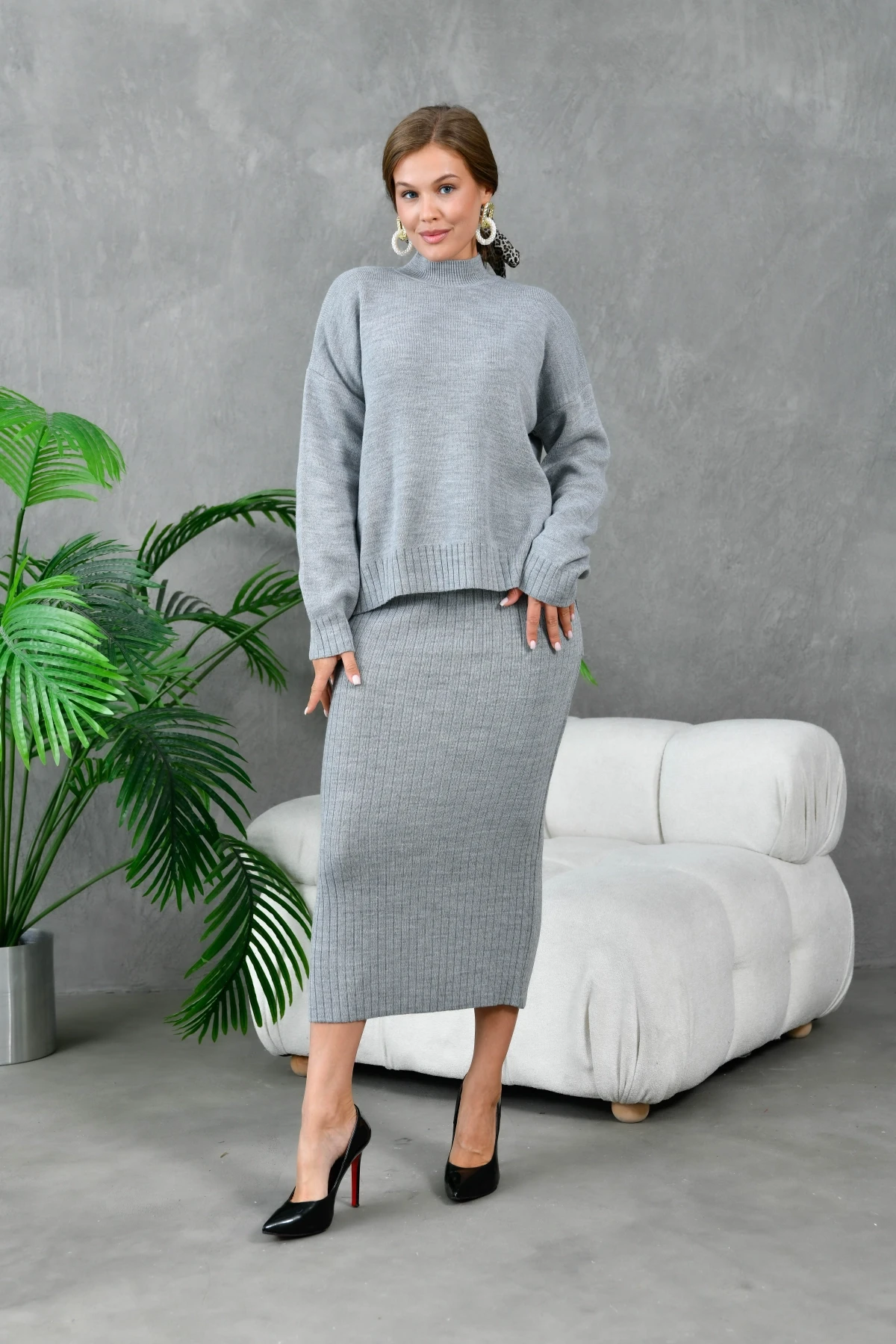 Kadın Dik Yaka Salaş Kazak Uzun Etekli İkili Triko Takım