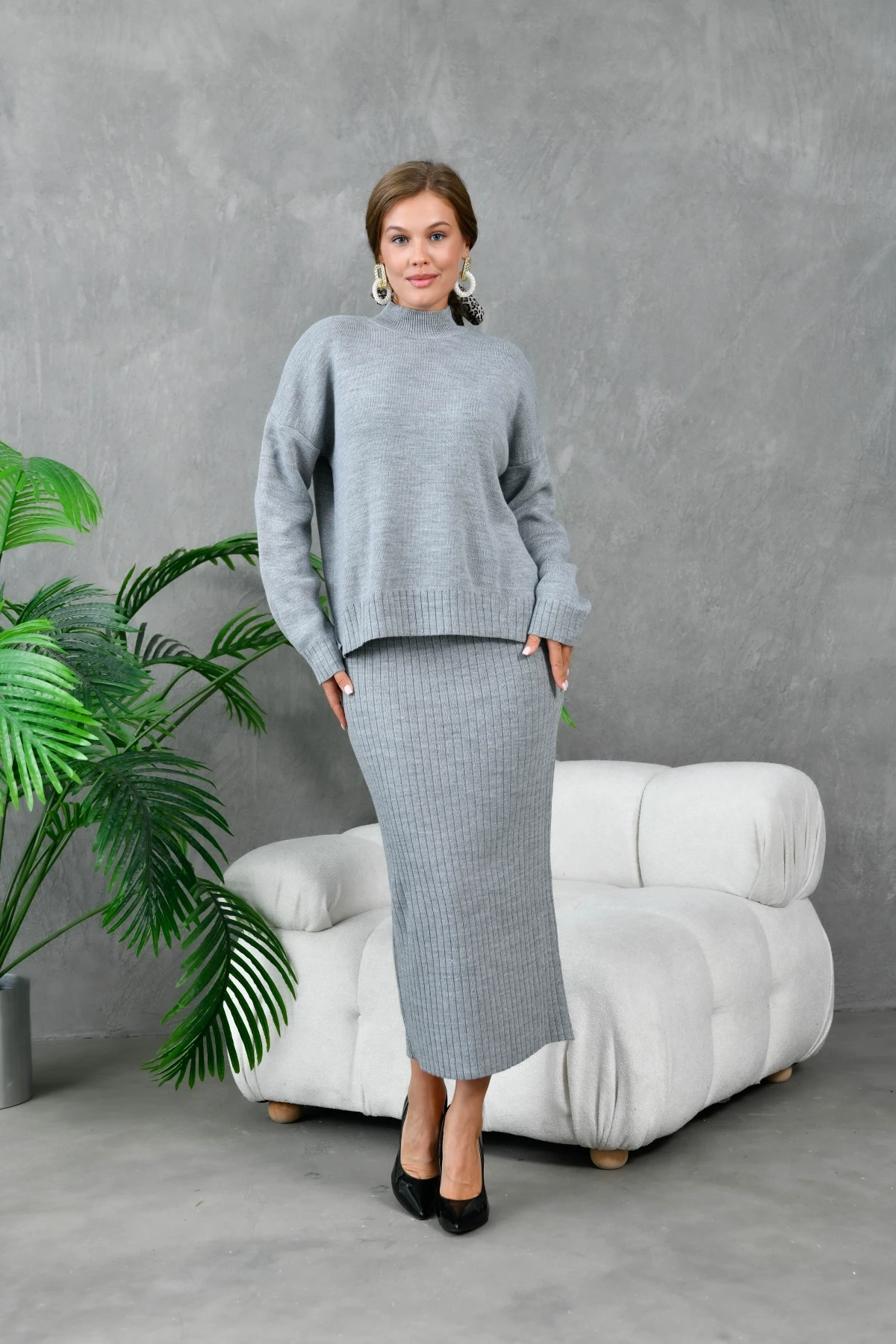 Kadın Dik Yaka Salaş Kazak Uzun Etekli İkili Triko Takım