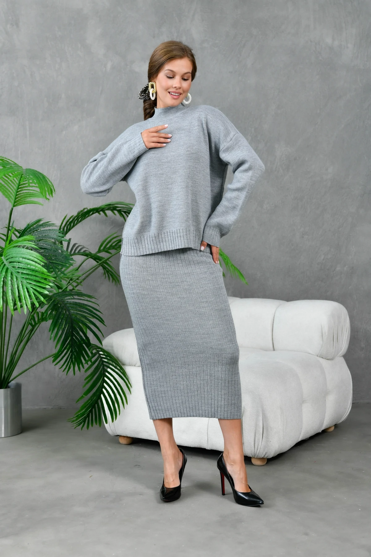 Kadın Dik Yaka Salaş Kazak Uzun Etekli İkili Triko Takım