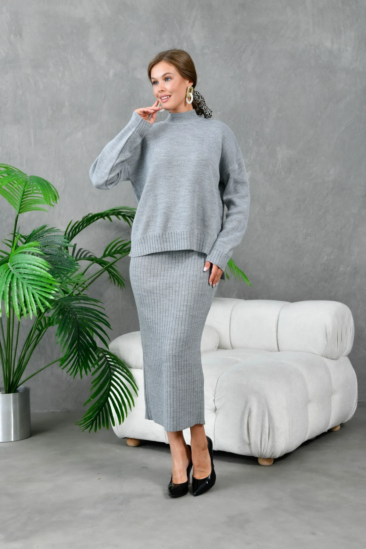 Kadın Dik Yaka Salaş Kazak Uzun Etekli İkili Triko Takım