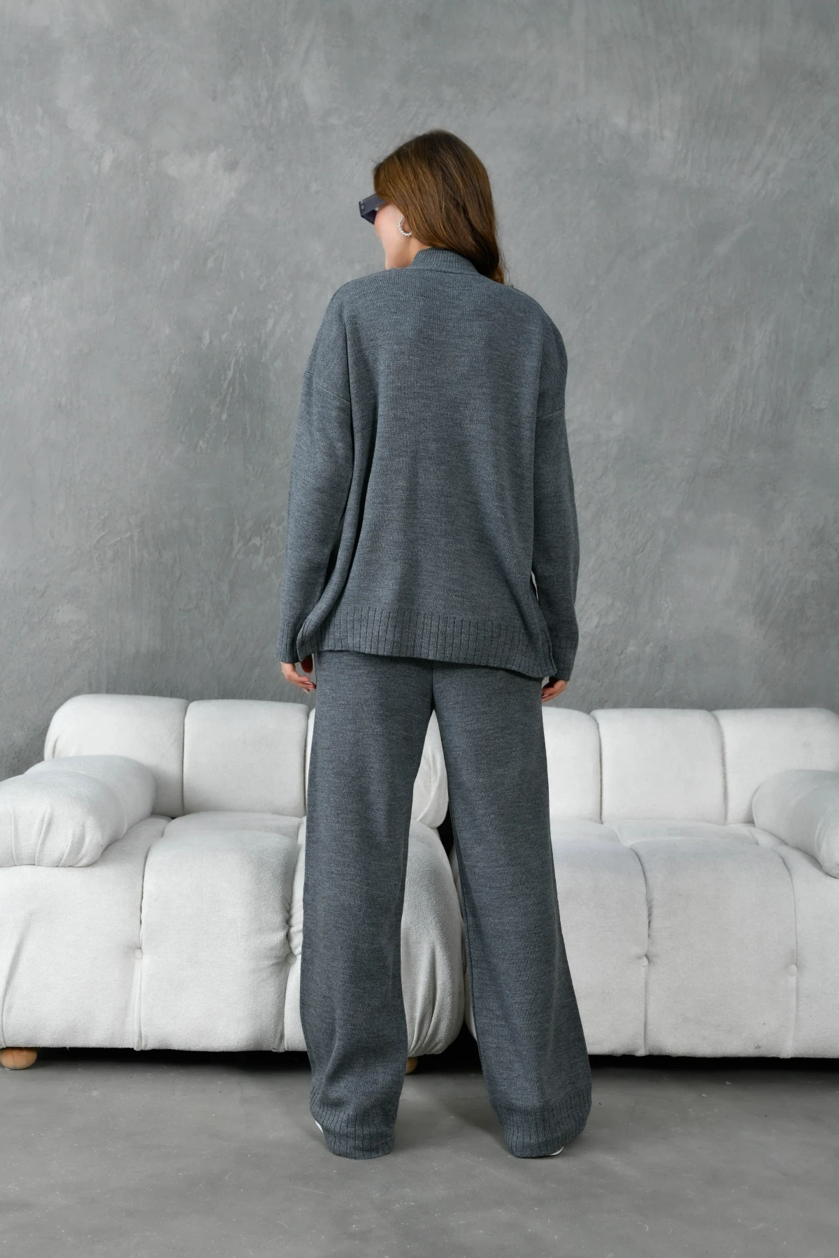 Kadın Dik Yaka Yırtmaçlı Oversize Kazak Pantolon İkil Triko Takım