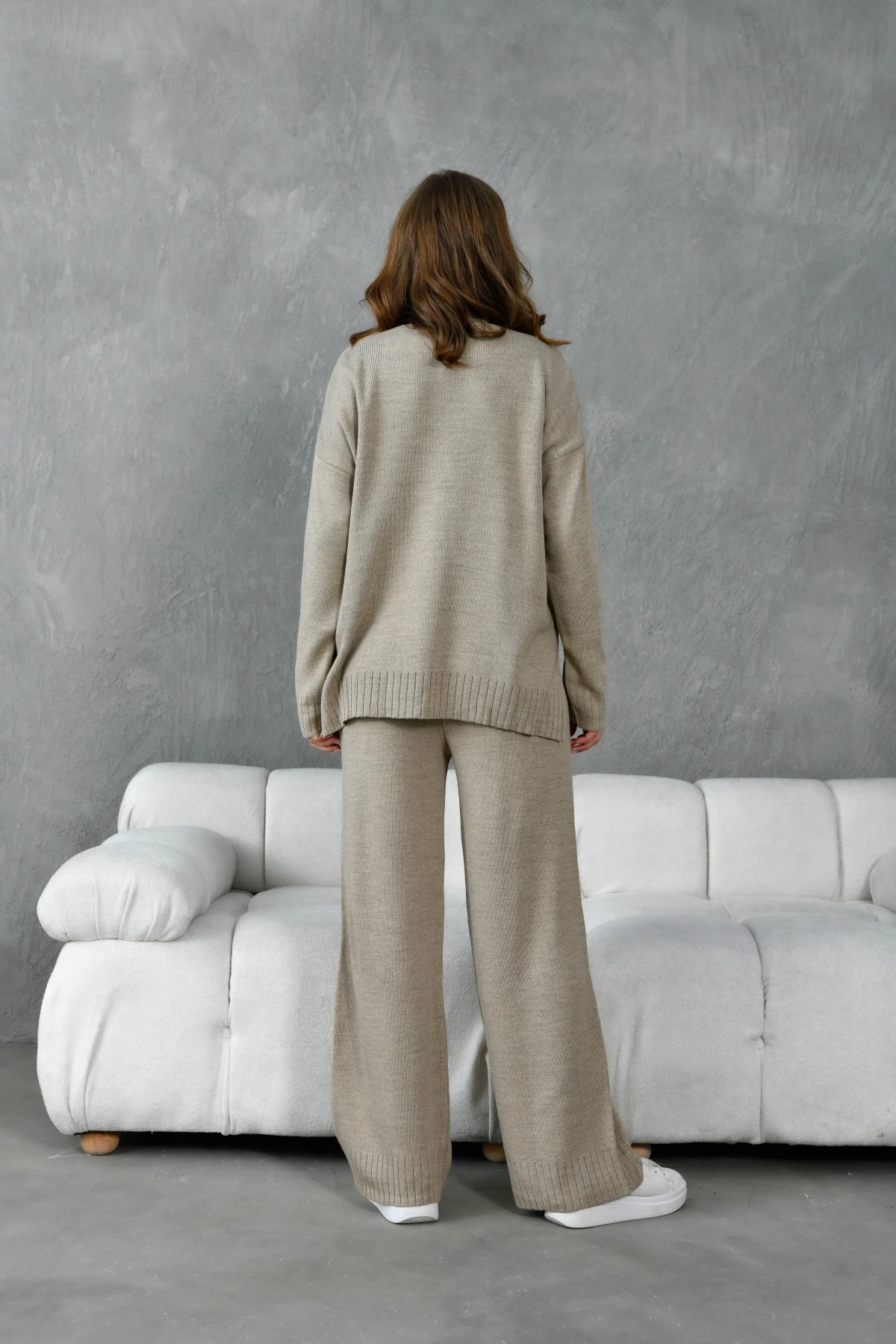 Kadın Dik Yaka Yırtmaçlı Oversize Kazak Pantolon İkil Triko Takım