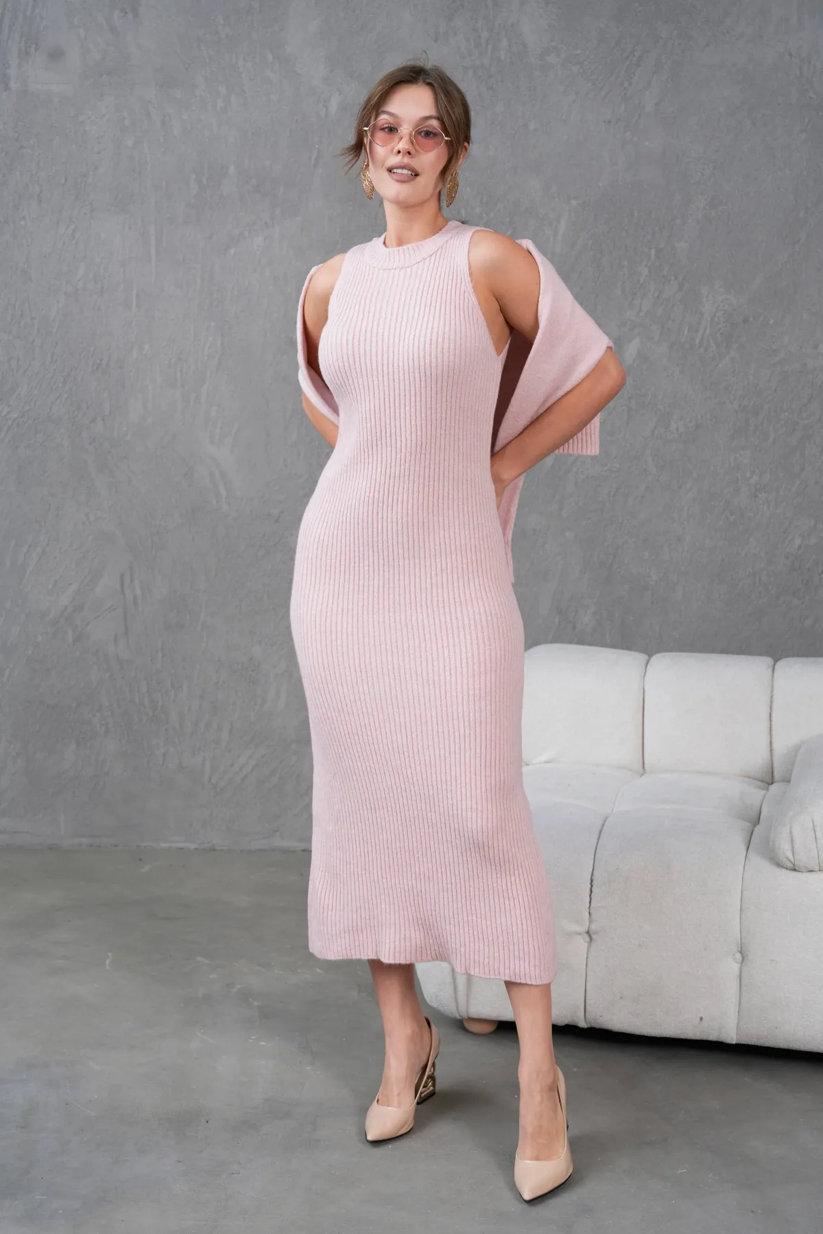 Kadın Düğme Detay Cekt Kolsuz Kaşkorse Elbise İkili Triko Takım