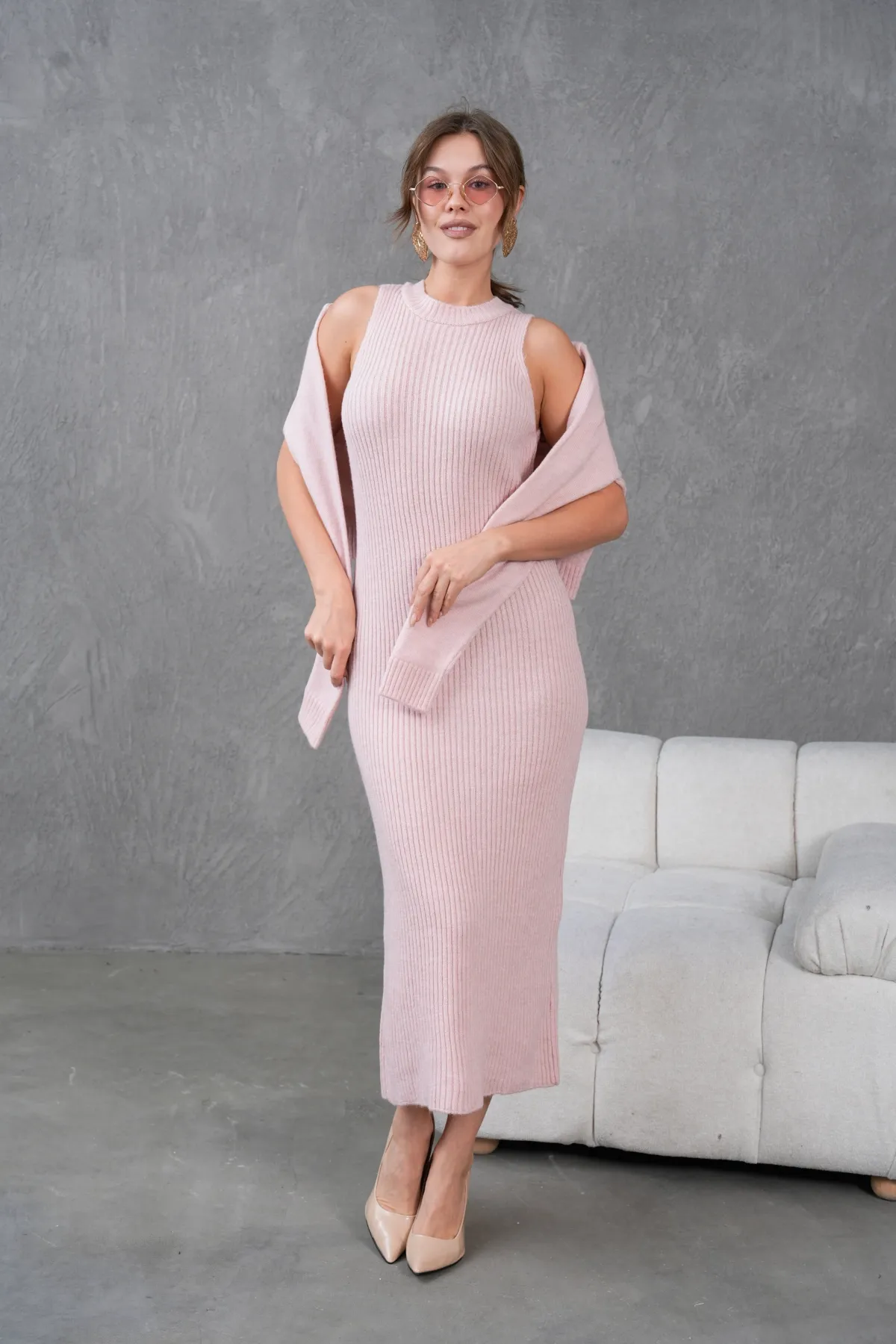 Kadın Düğme Detay Cekt Kolsuz Kaşkorse Elbise İkili Triko Takım