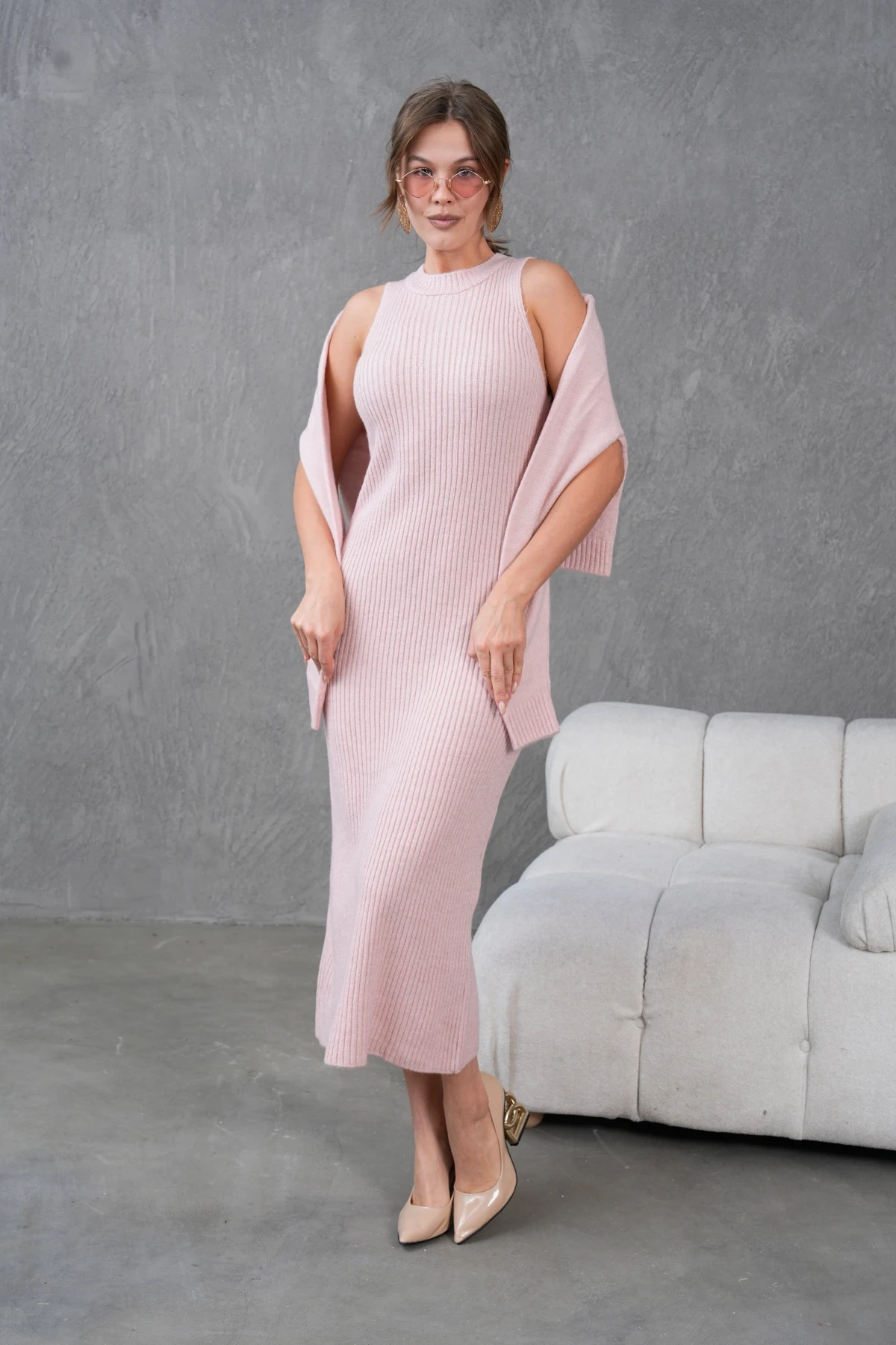 Kadın Düğme Detay Cekt Kolsuz Kaşkorse Elbise İkili Triko Takım