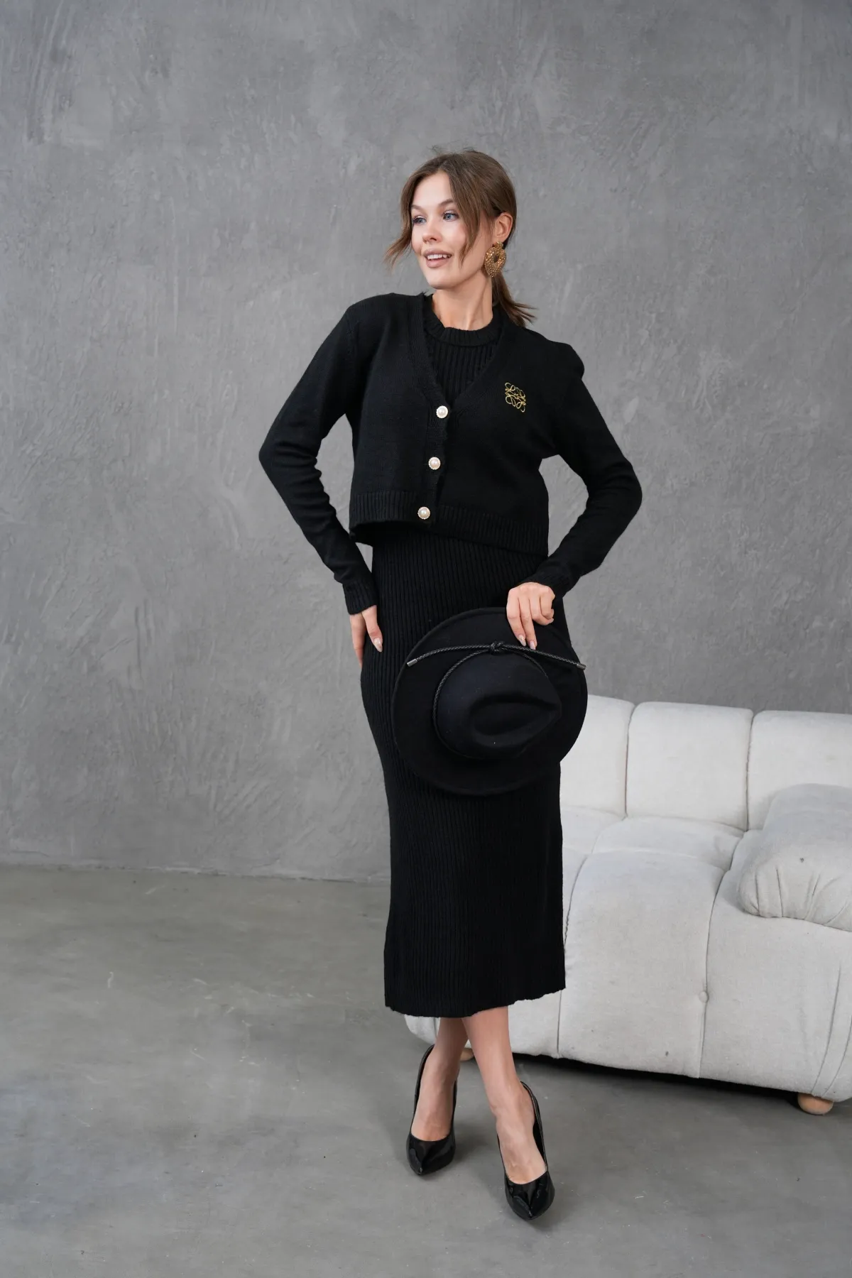 Kadın Düğme Detay Cekt Kolsuz Kaşkorse Elbise İkili Triko Takım