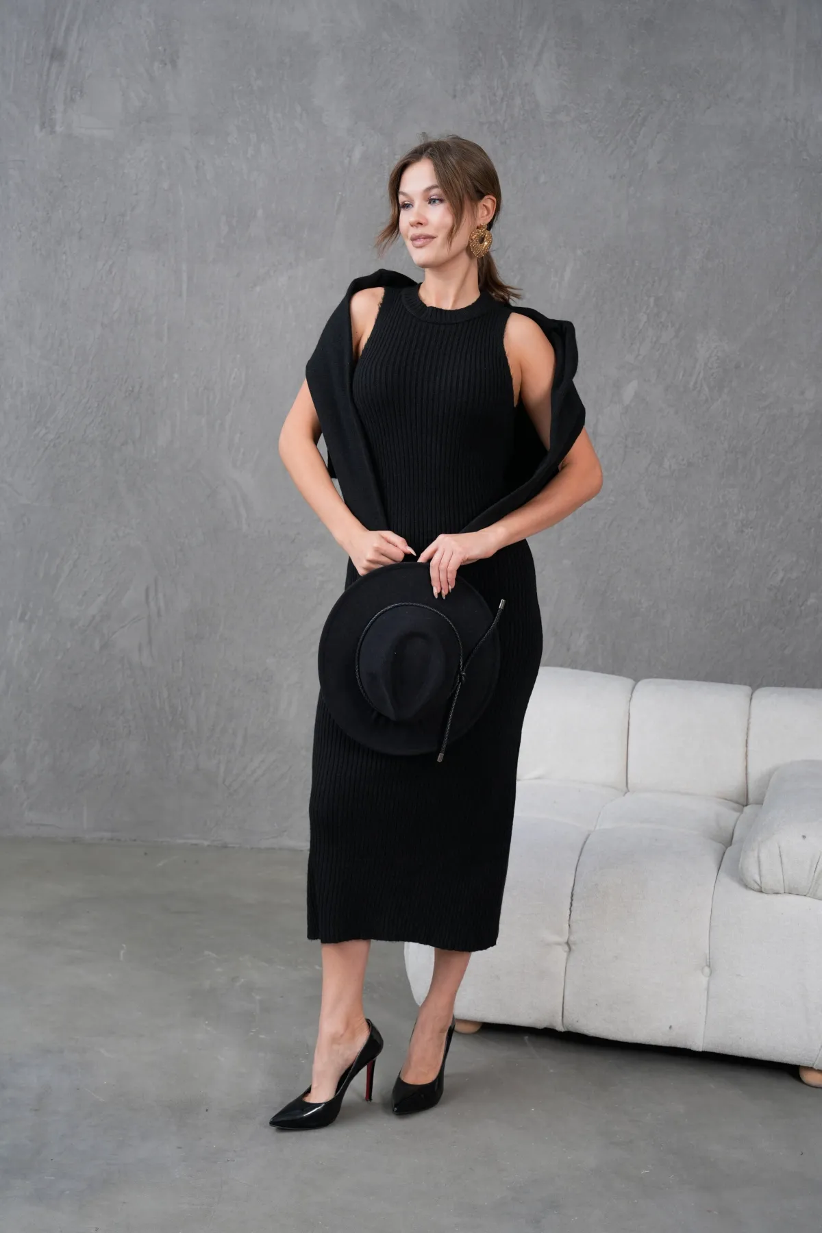 Kadın Düğme Detay Cekt Kolsuz Kaşkorse Elbise İkili Triko Takım